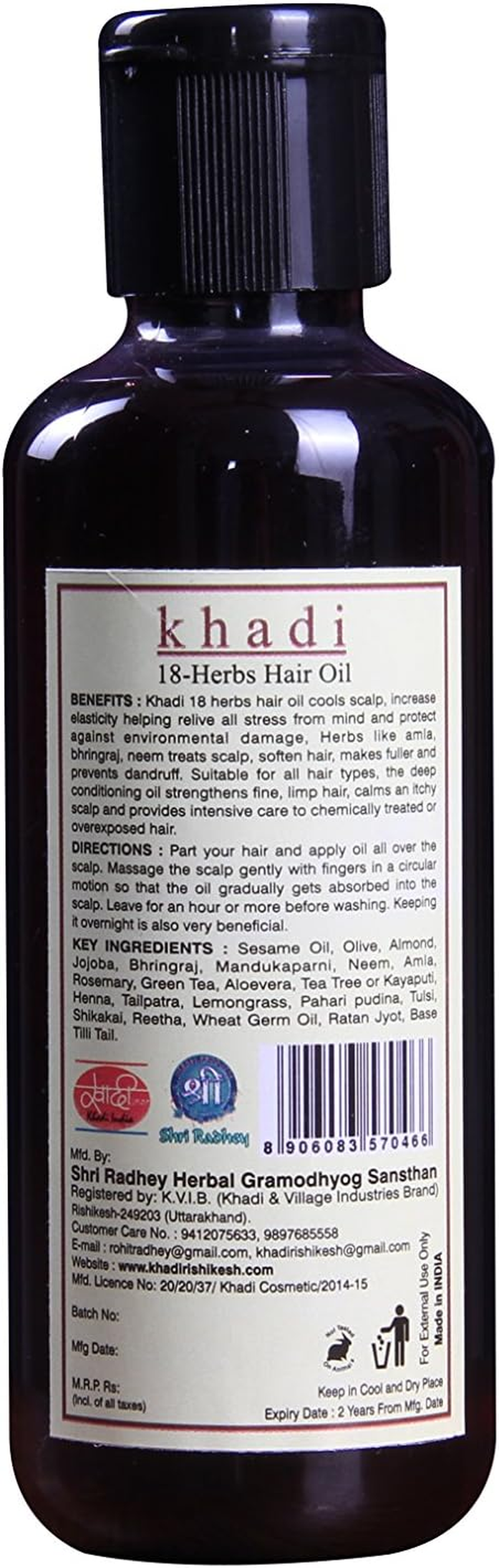 KHADI RISHIKESH Herbal 18 Herbs Hair Oil,Cool Scalp,Herb like Amla, Bhiringraj, Neem, Treat Scalp,Soften Hair Makes Fuller and Prevents Dandruff & Hair Growth,Men and Women (210 Ml) image number 2