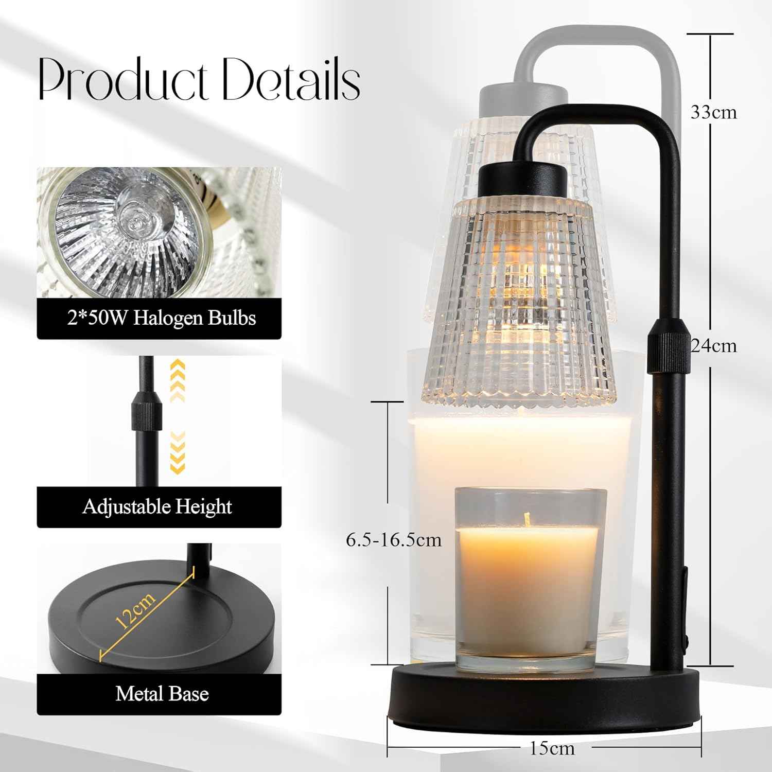 Candle Warmer Lamp with Timer Dimmable, 3 Timing Modes, Adjustable Height, Wax Warmer for Scented Wax for Home Decor Gifts with 2 Bulbs image number 3