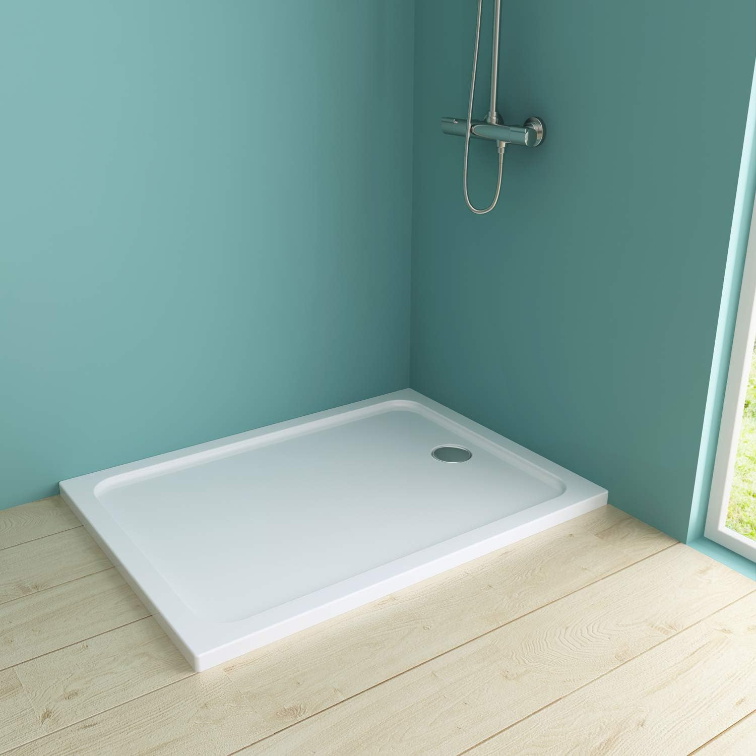 IMPTS Shower Drain Fitting, 90 Mm, Extra Flat Drain Hole Set for Shower Tray, Siphon with Odour Stop, Hair Strainer, Flex Hose, Chrome Cover image number 1