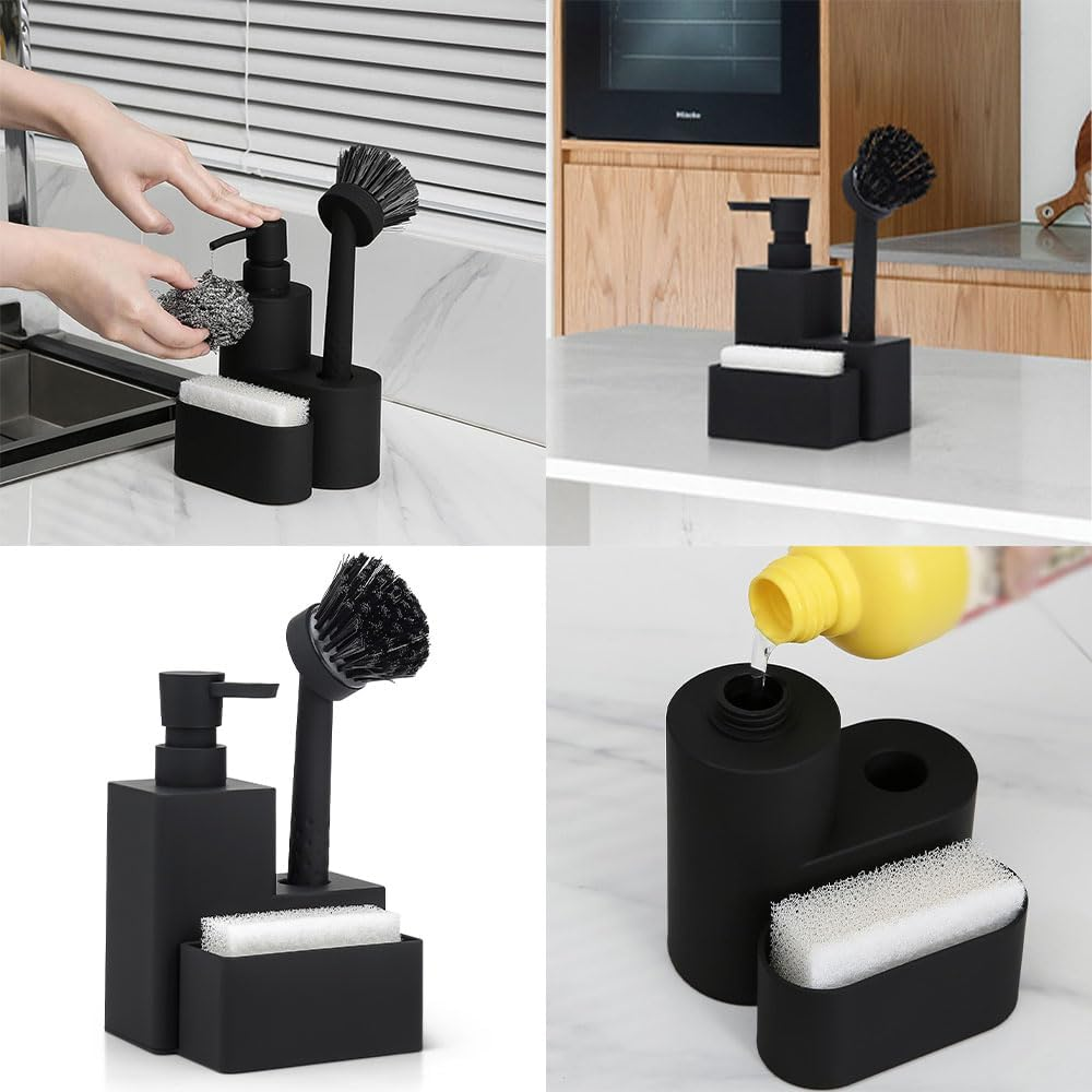 Ranqisys 3-In-1 Soap Dispenser Set with Sponge Holder &ndash; Dual Soap Pump Dispenser for Kitchen Sink, Hand & Dish Soap, Brush & Sponge Caddy, Black, 320Ml image number 2