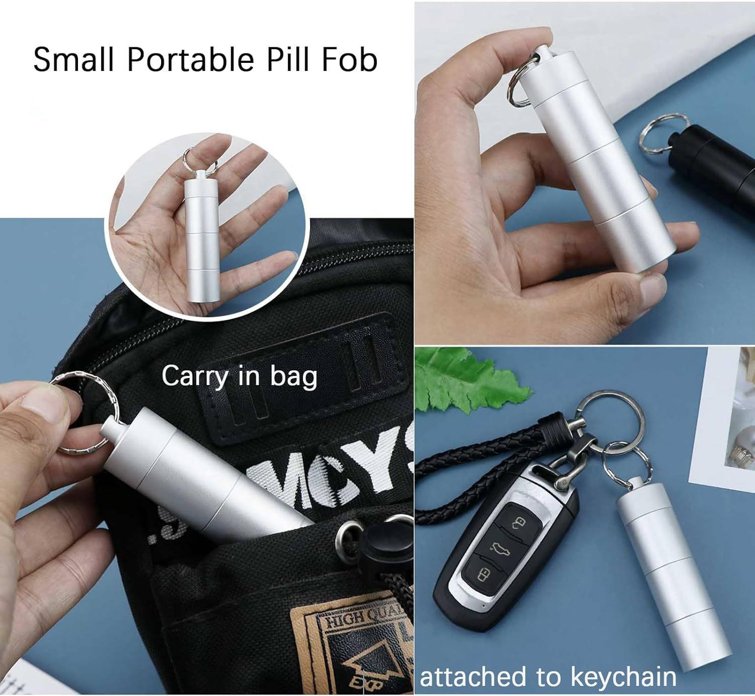 Keychain Pill Organizer, Waterproof Pill Holder 3 Compartments Detachable, Small Portable Pill Case for Travel Pocket Purse, Aluminium Alloy Pill Container, EDC Pill Fob for Outdoor/Daily/Emergency (Grey) - Black image number 3