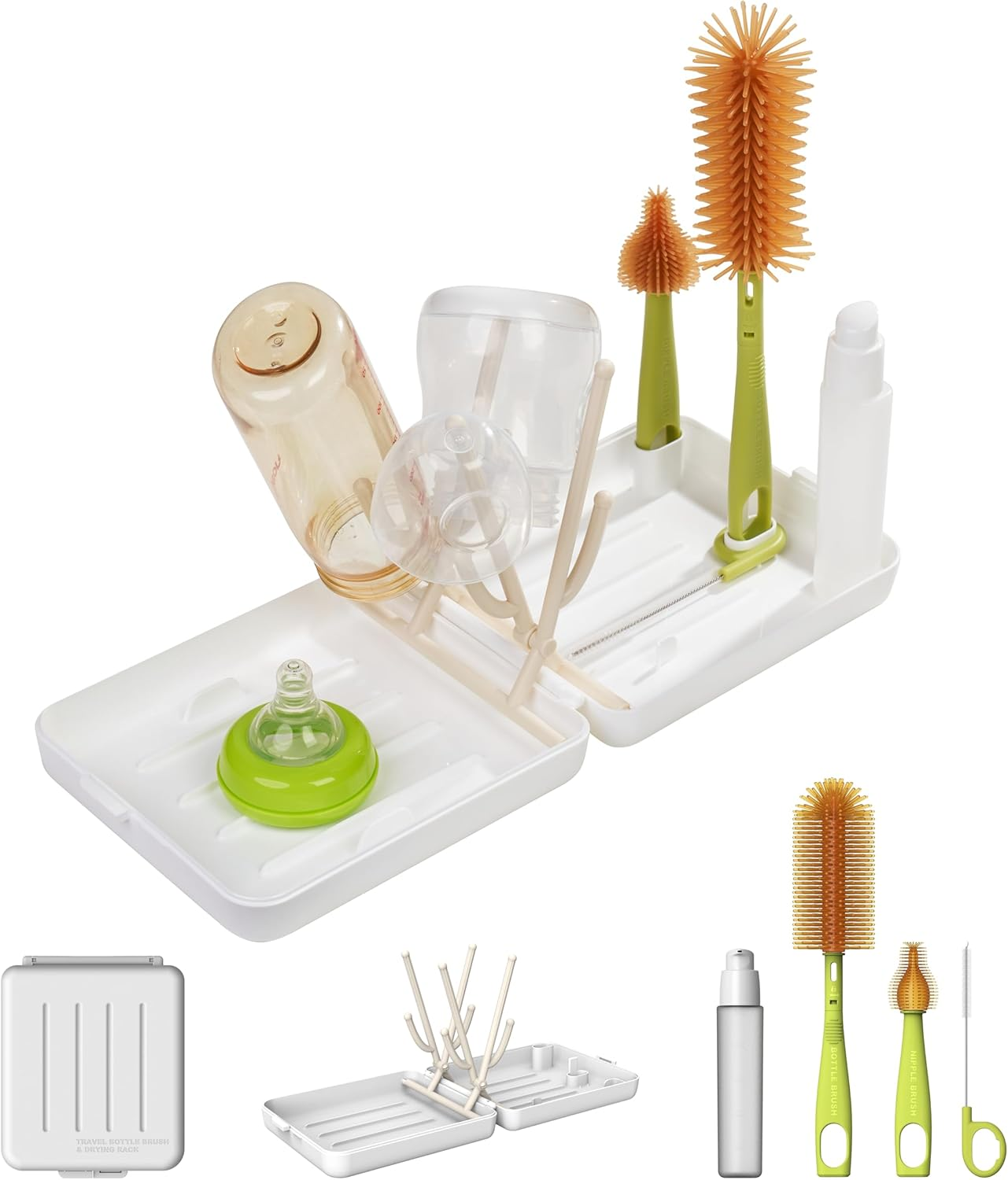 Zoltrax Bottle Brush Set,Baby Bottle Cleaner Kit,Nipple Brush, Straw Brush, Soap Dispenser, Drying Rack and Travel Storage Case,6 in 1 Bottle Cleaning Baby Essential Tool for Home and Travel (Green)