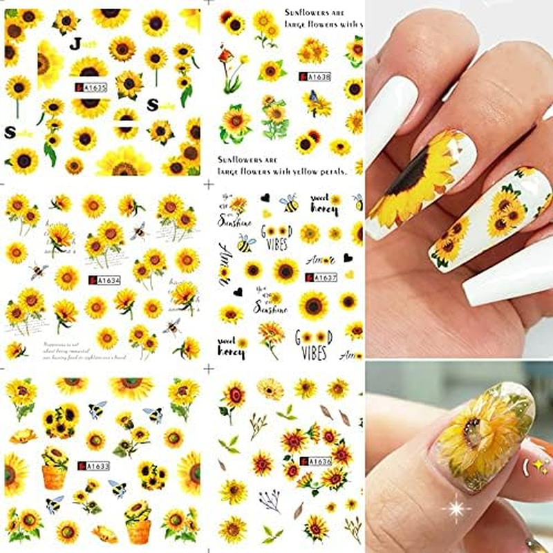 CHANGAR Sunflower Nail Stickers Floria Flower Bee Water Transfer Nail Decals Spring Summer Series Nail Decorations 12 Sheets Nail Tips DIY Toenails Nail Art Decorations Accessories image number 2