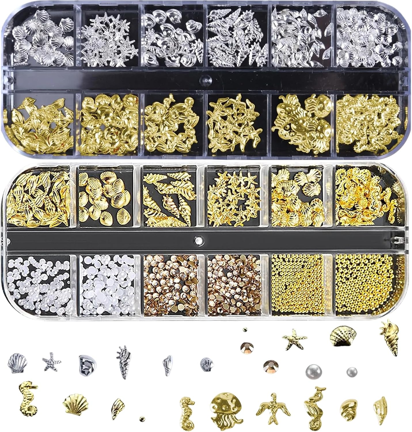 3D Nail Charms, 2 Boxes Gold Silver Nail Stuff Nail Gems Rhinestones Charms, 3D Ocean Nail Studs Starfish Shell Seahorse Metal Nail Charms for Women Girls Nail Art DIY Accessories image number 5