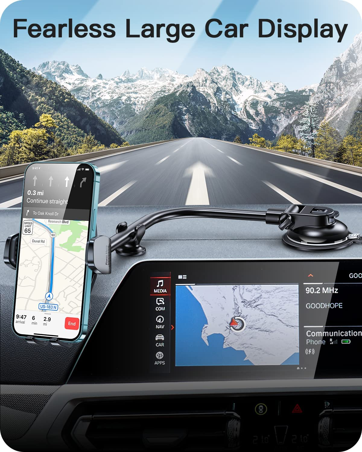 Apps2Car 13" Gooseneck Phone Holder for Car Windshield Window Dashboard Vent, Cell Phone Mount for Car Truck with Strong Suction Cup, Anti-Shake Stabilizer - Compatible with Most Smartphones image number 2