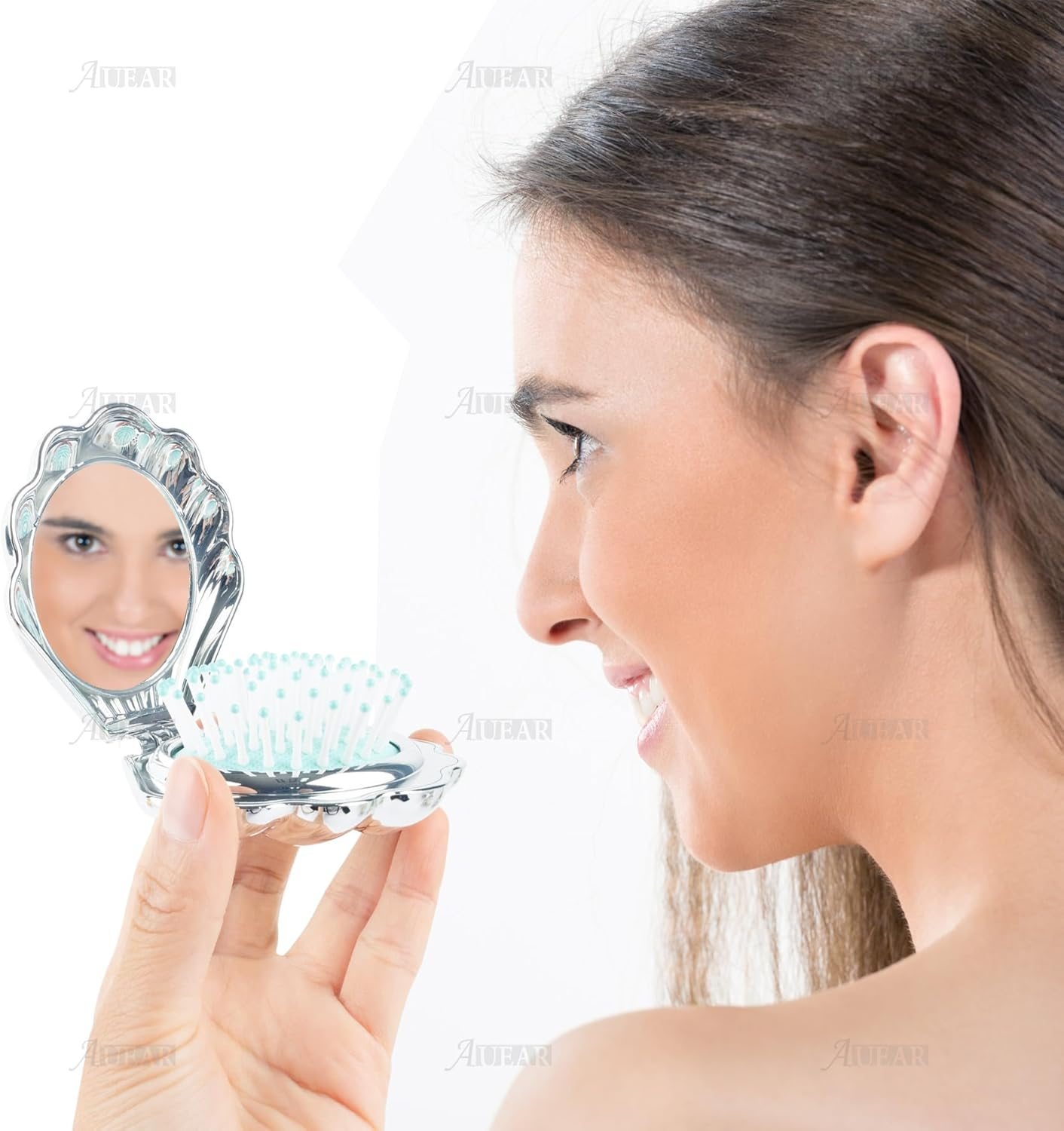 AUEAR, 4 Pack Shell Shape Hair Brushes with Mirror Foldable Portable Pocket Comb Massage Women Silver image number 1
