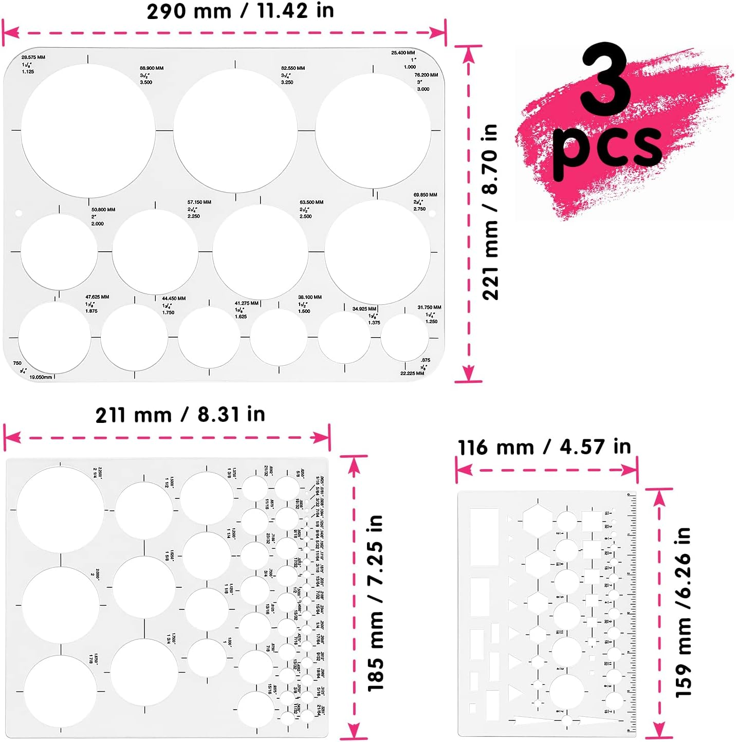 Tamaki Circle Template Circle round Stencil Templates for Drafting for Office and School Building Formwork Drawings Templates, Large and Small Size, 3 Pack