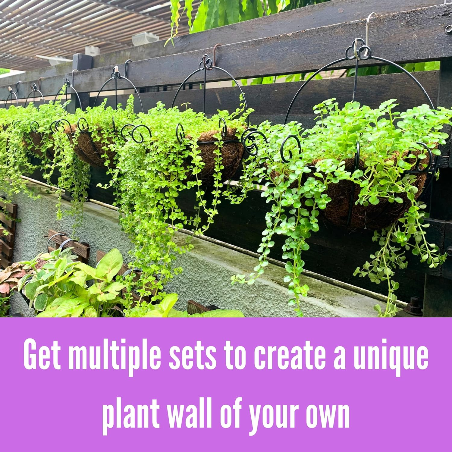 Shoplala Wall Planters for Outdoor Plants (4 Pack, 10 Inch) Metal Black Wire Flower Baskets with Coco Liner, Fence Hanging Planter Balcony over Deck Porch Railing Rail Patio Modern Herb outside Garden