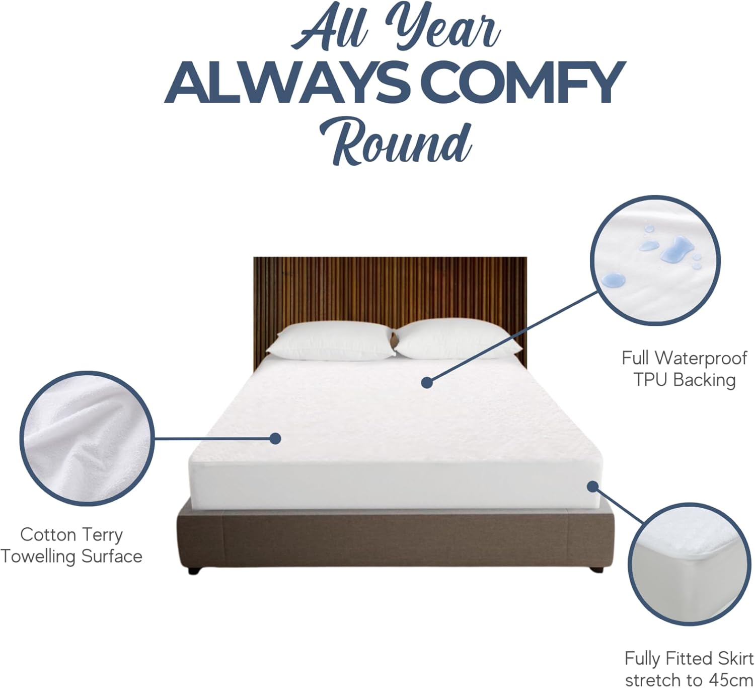 Dreamaker Waterproof Cotton Terry Mattress Protector, Moisture Absorbent Towel Top, Breathable Rustle Free TPU Protection, Fully Fitted Extra Deep Stretch Skirt, Easy Care Machine Washable King Single image number 1