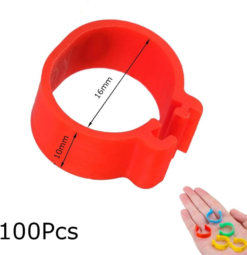 100Pcs Clip on Leg Rings Band Foot, 16Mm Chicken Leg Bands, 001-100 Numbered Pigeon Foot Rings Birds Tags Leg Bands Clip, 5 Colors Numbered, for Poultry Legs,Gamefowl,Ducks,Goose, Bird Identification image number 3