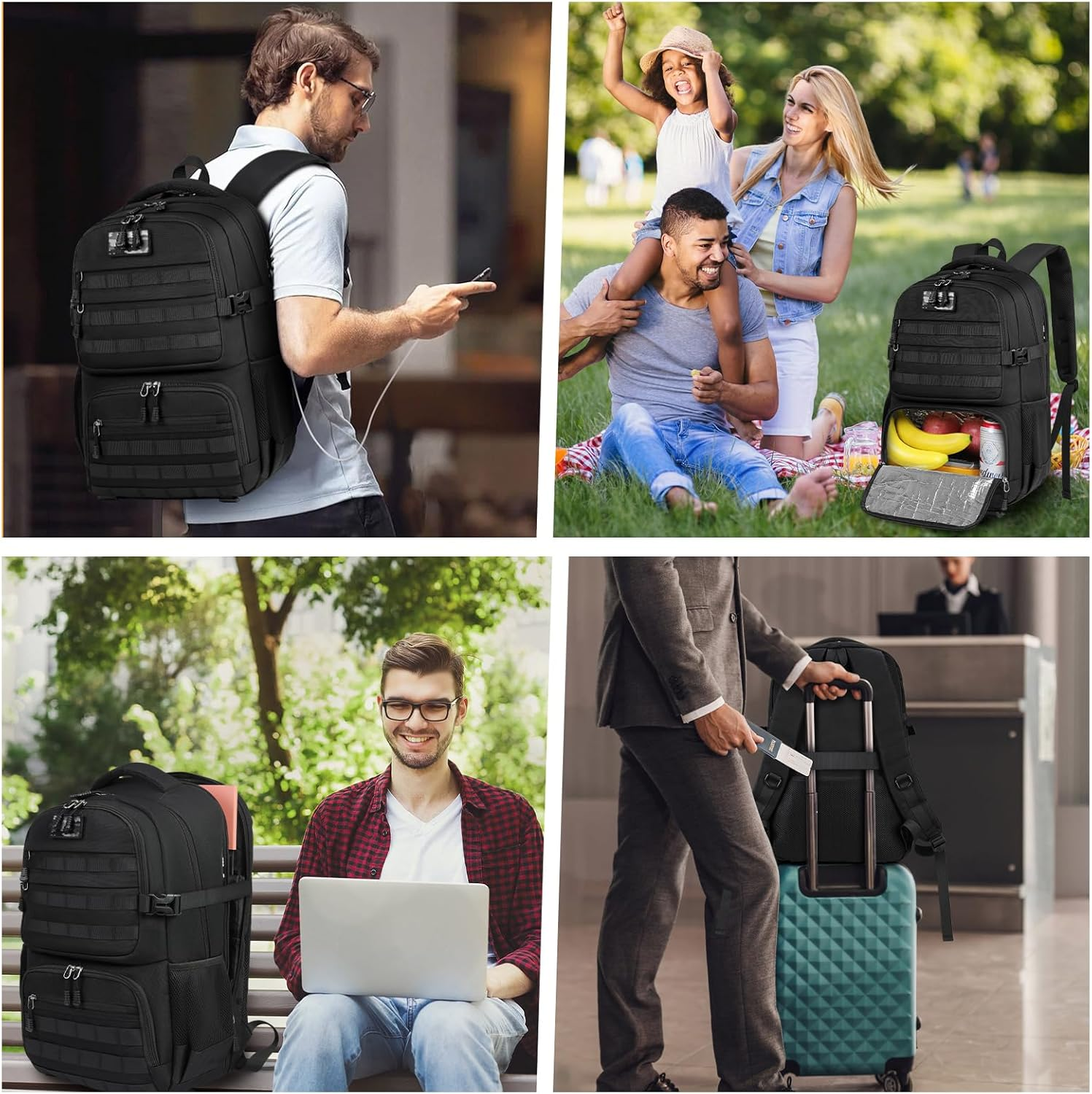 Lunch Backpack for Men & Women 17.3 Inch Laptop Backpack with USB Charging Port Waterproof Tactical Work Backpack with Insulated Lunch Bag for Travel, College, Business with MOLLE Design image number 5