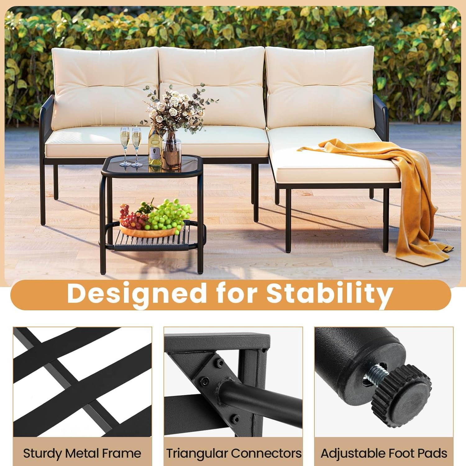 Costway 3-Piece Patio Sectional Sofa Set, Outdoor L-Shaped Furniture Set, Wicker Rattan Conversation Set with Thick Cushions, Detachable Lounger & Tempered Glass Coffee Table, for Yard, Poolside image number 4