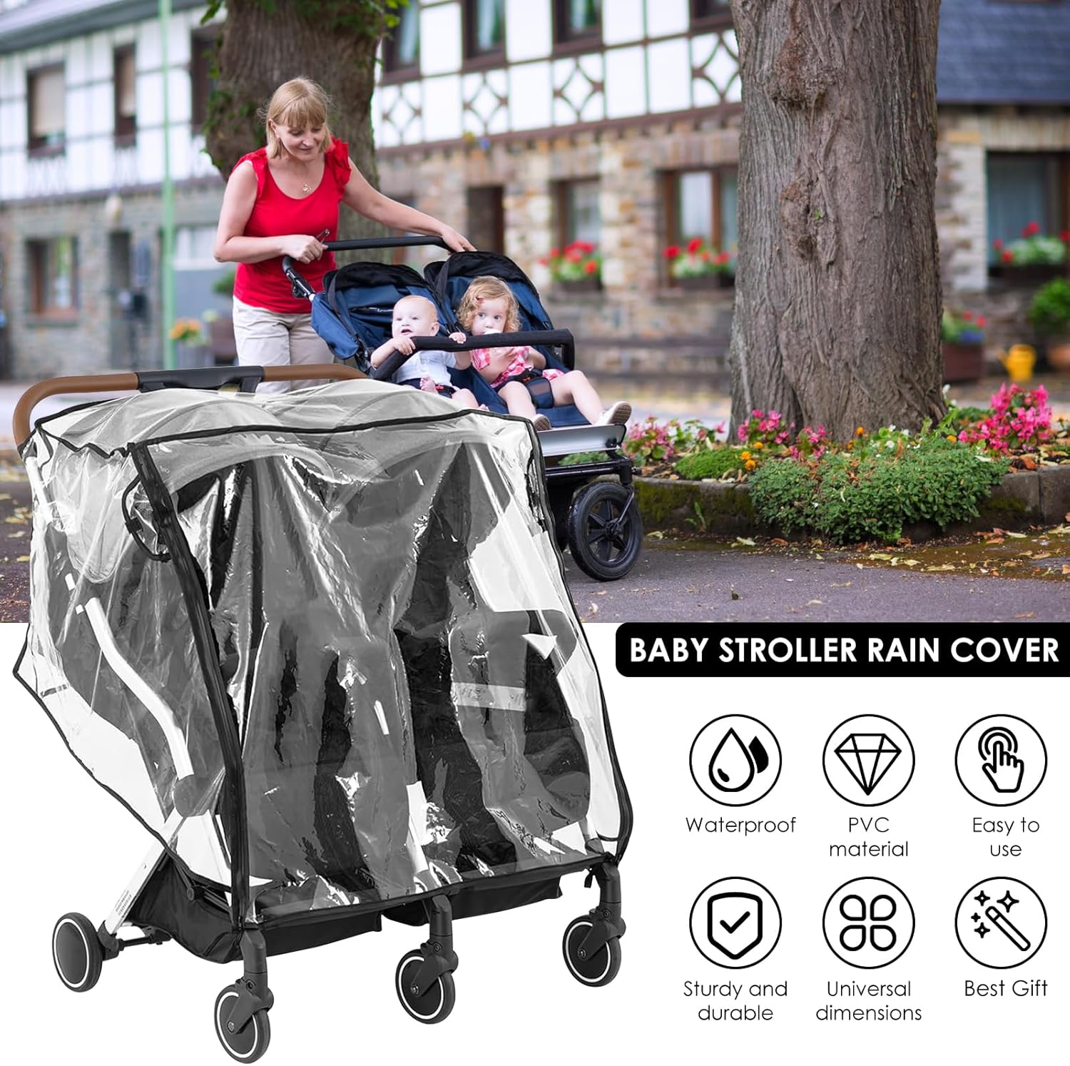 Double Stroller Rain Cover Universal Rain Cover for Side by Side Baby Stroller Stroller Raincoat Transparent Twins Stroller Cover Baby Outdoor Accessories for Outdoor image number 1