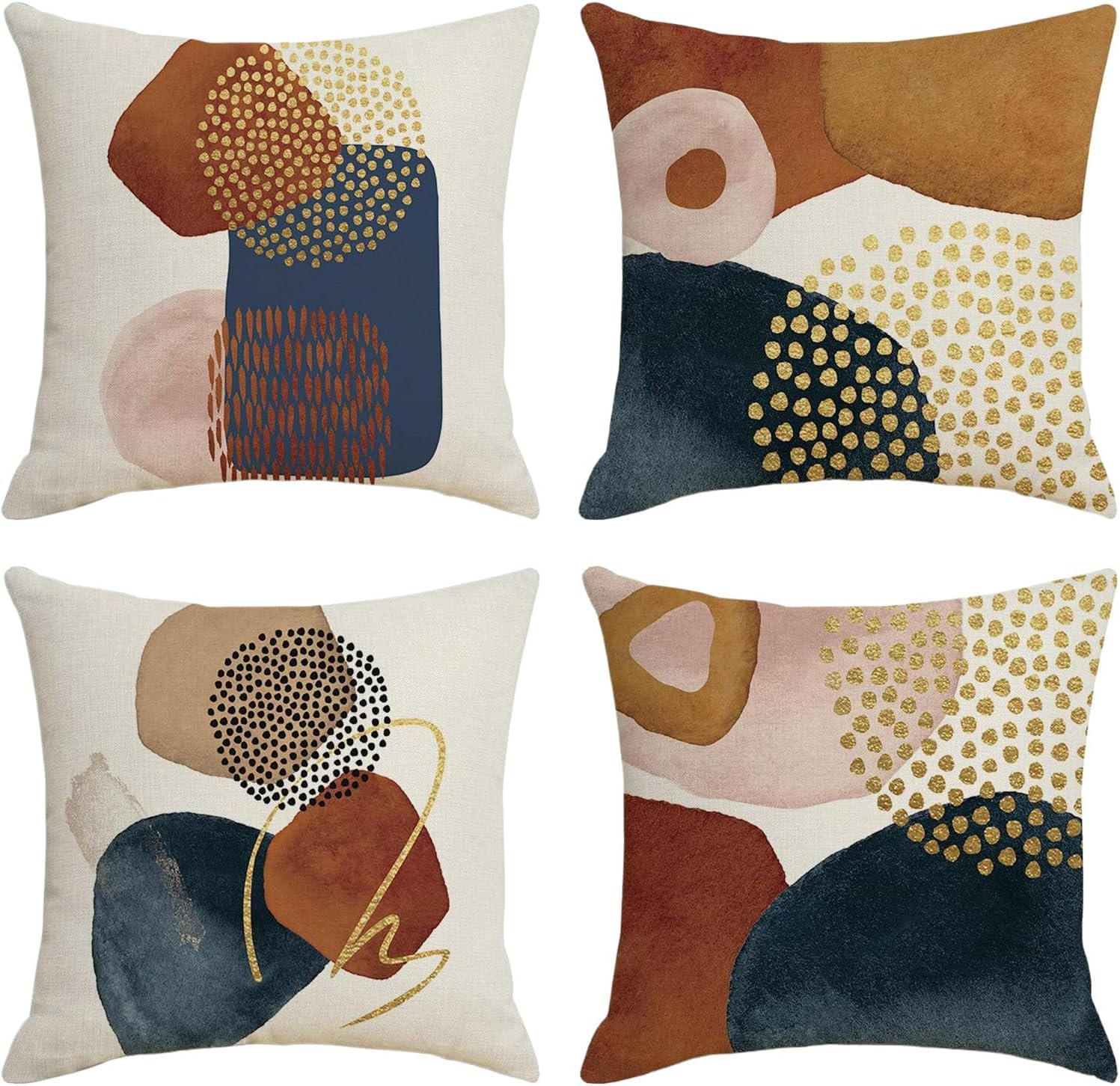 Square Linen Pillow Covers 45X45Cm Set of 4 Boho Abstract Modern Art Decorative Throw Pillow Cover Minimalist Geometric Bohemian Cushion Case for Couch, Bed, Home Decor