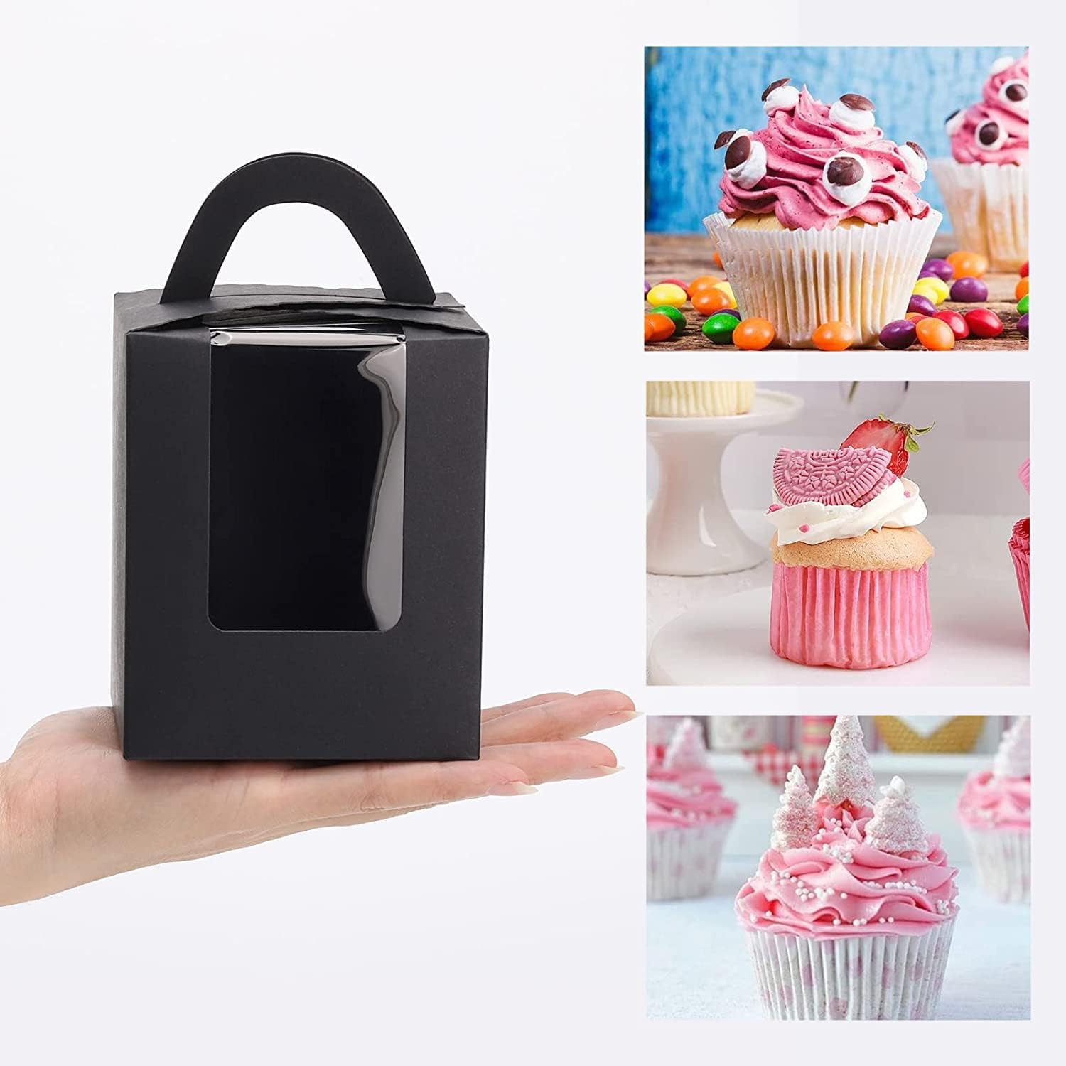 50 Pcs Black Cupcake Boxes with Window Single Individual Cupcake Boxes with Handle and Inserts for Wedding Birthday Party Treats Gift image number 2