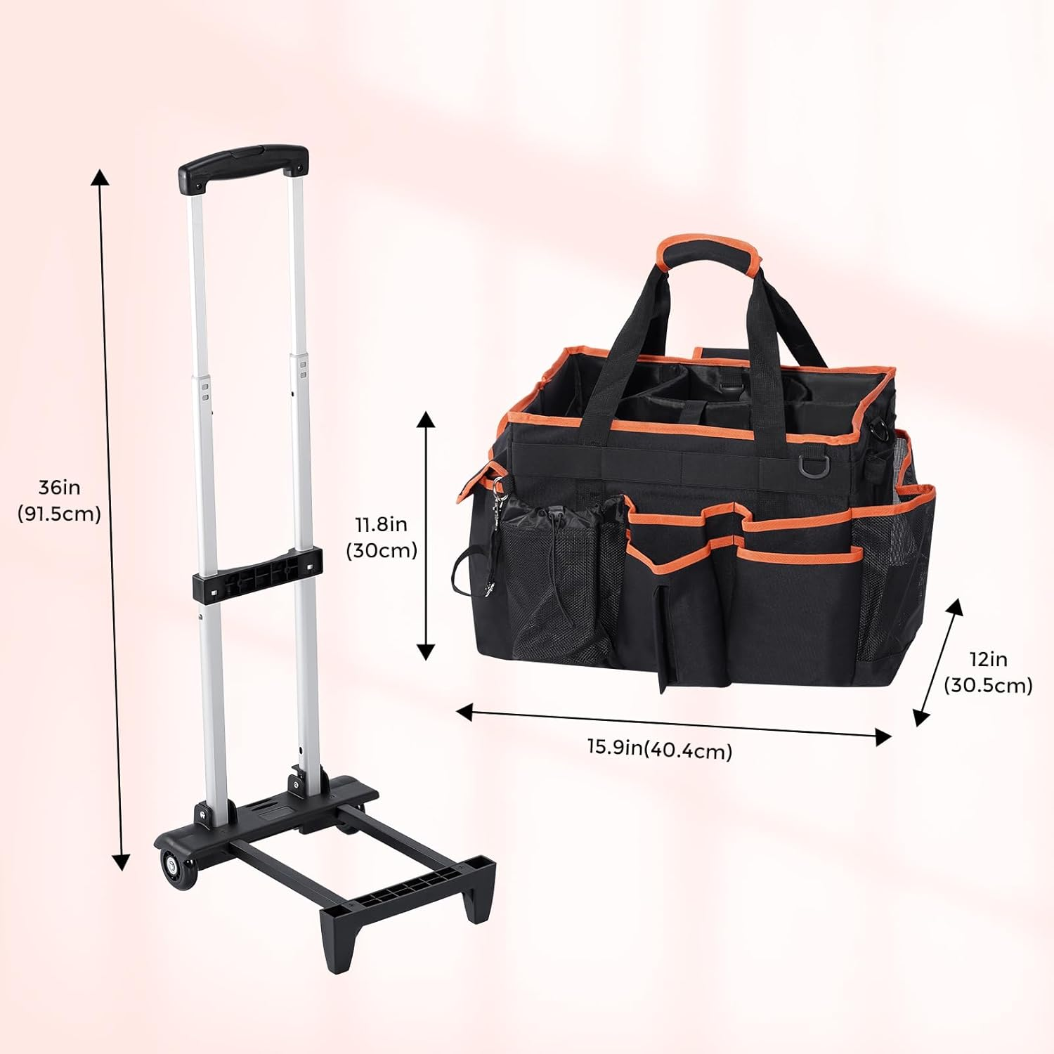 Procase Cleaning Caddy with Wheels for Housekeepers, Professional Portable Rolling Cleaning Supplies Large Clean Cart Bag with Detachable Trolley Handle and Shoulder Strap -Blackorange image number 6