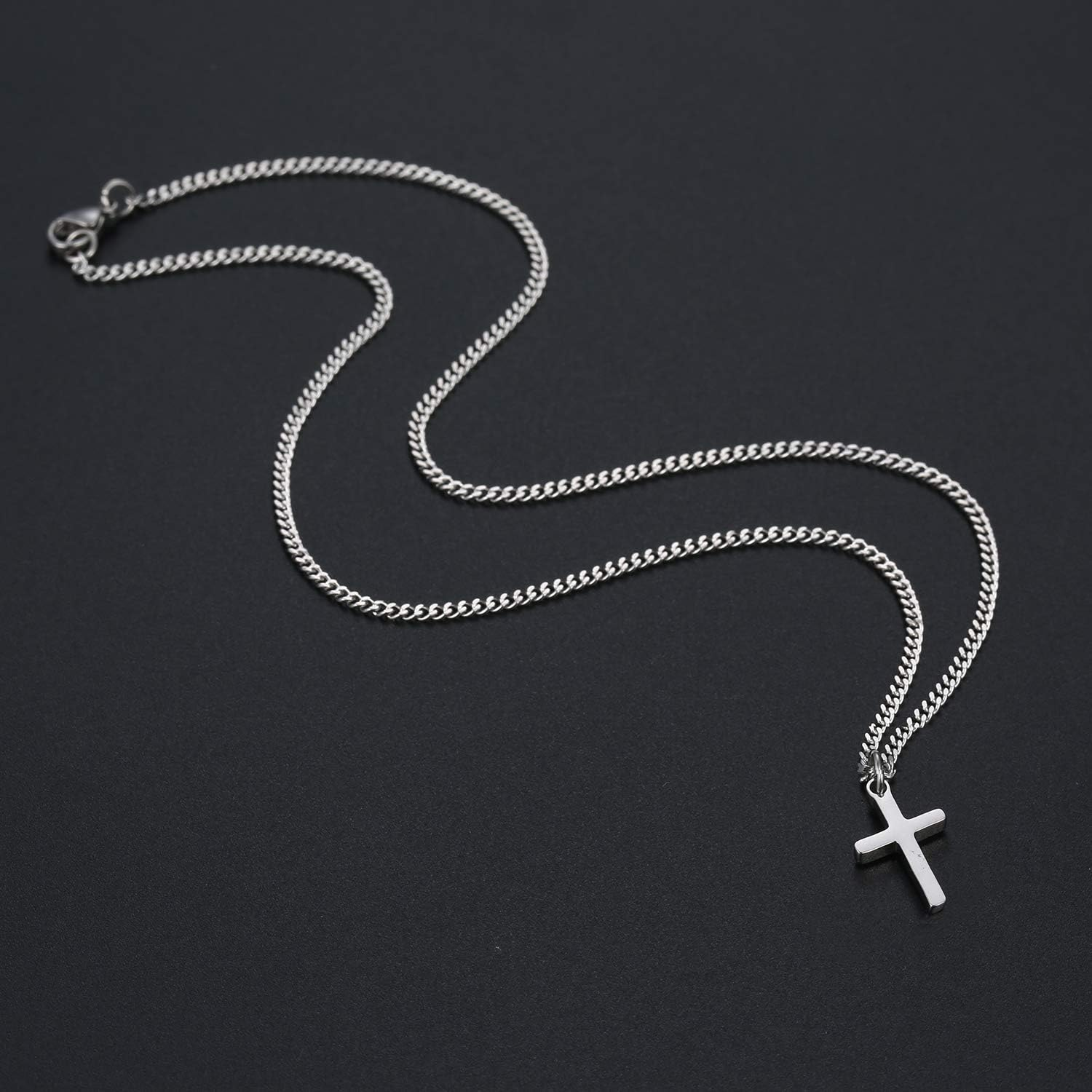 TASBERN Cross Necklace for Men Stainless Steel Silver Polished Plain Small Cross Pendant Necklace for Son Boy Women 16-24 Inches Cuban Chain image number 5