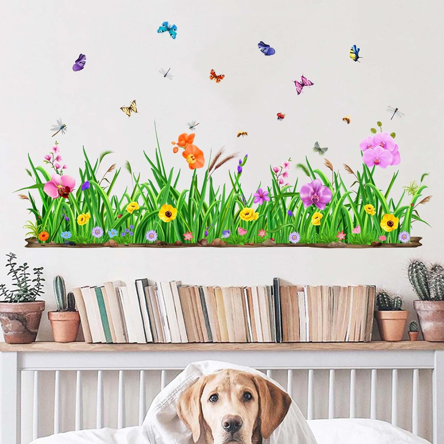 Green Grass Wall Corner Decals - Flowers Butterflies Baseboard Skirting Line Wall Stickers - Living Room Office Bedroom Sofa TV Background Home Wall Decor image number 3