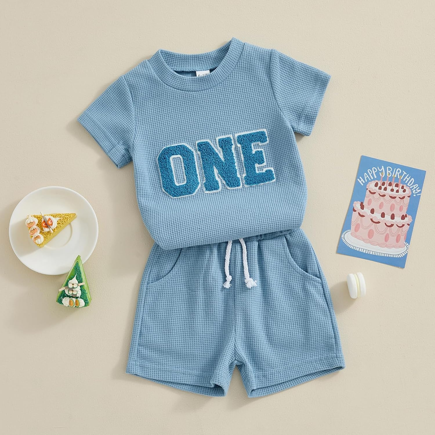 Lamuusaa Toddler Baby Boy Birthday Outfit One/Two Letter Embroidery T-Shirt Jogger Shorts Waffle Summer Clothes image number 5
