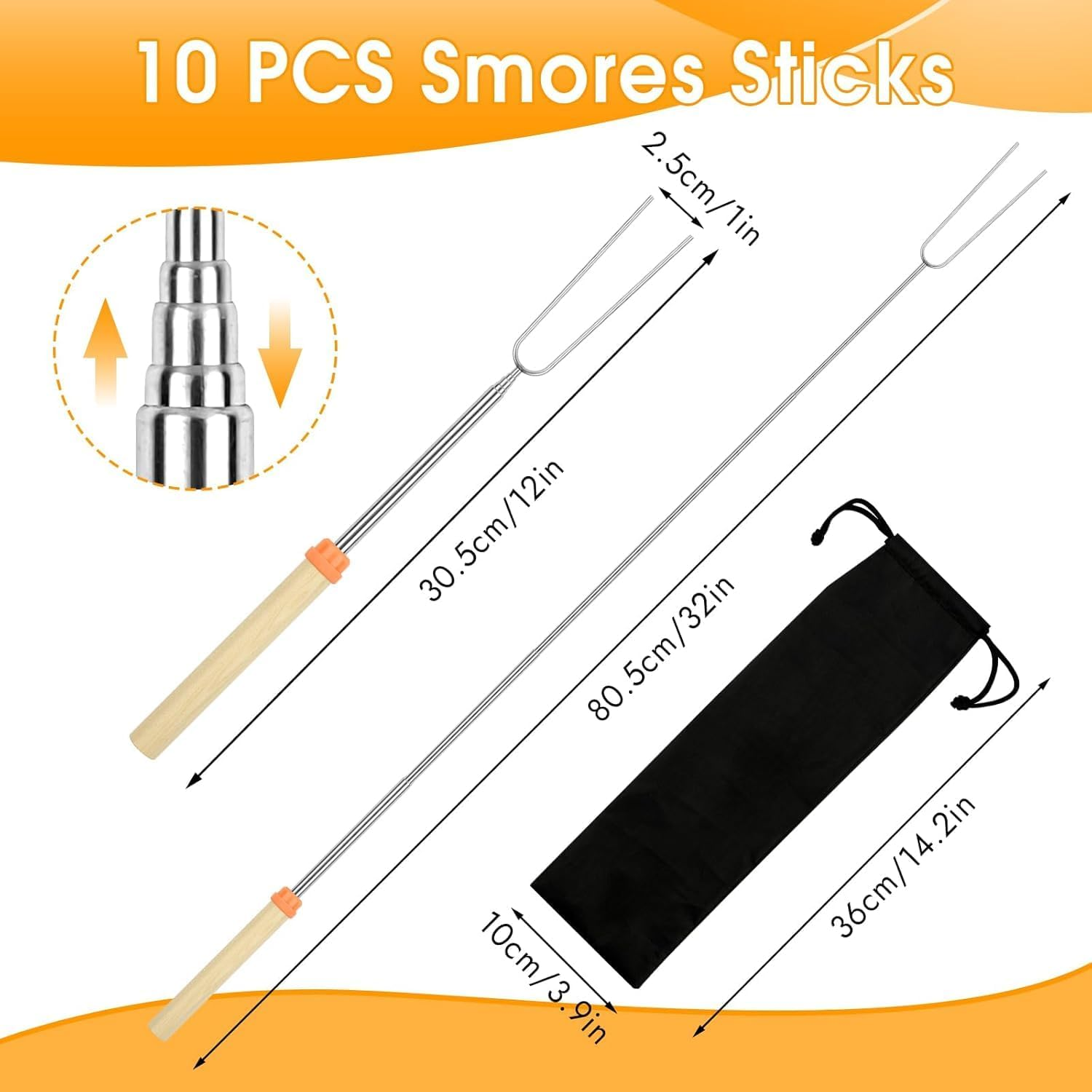 10 Pack Smores Sticks,32 Inch Marshmallow Roasting Sticks for Fire Pit, Extendable Roasting Skewers with Bag, Hot Dog Fork Campfire Cooking Equipment, Smores Kit for Travle Campfire Camping Essentials image number 2