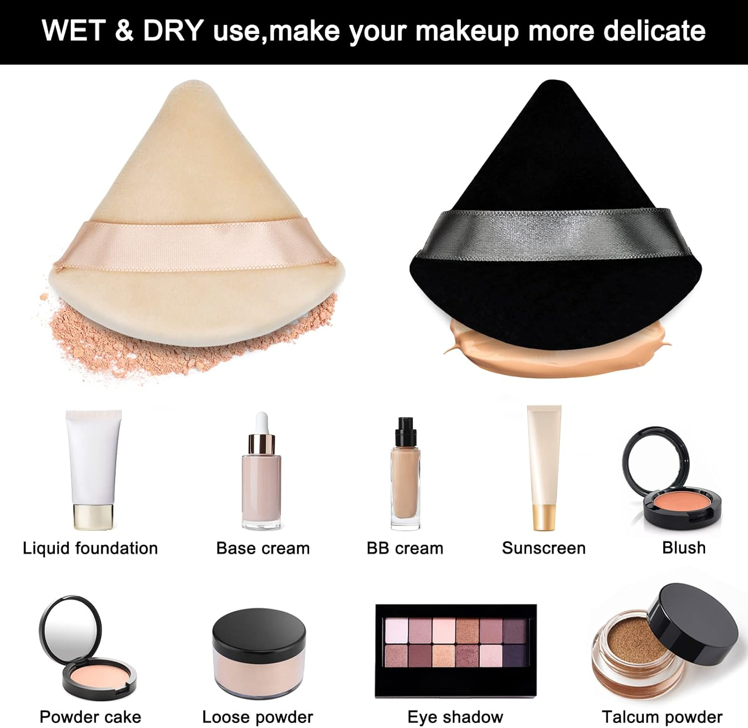 12 Pieces Cosmetic Powder Puff,2.76 Inch Portable Soft Sponge Setting Face Puffs,Triangle Velvet Powder Puff with Ribbon Band Handle for Loose Powder Body Powder Makeup Tool(Black,Nude)