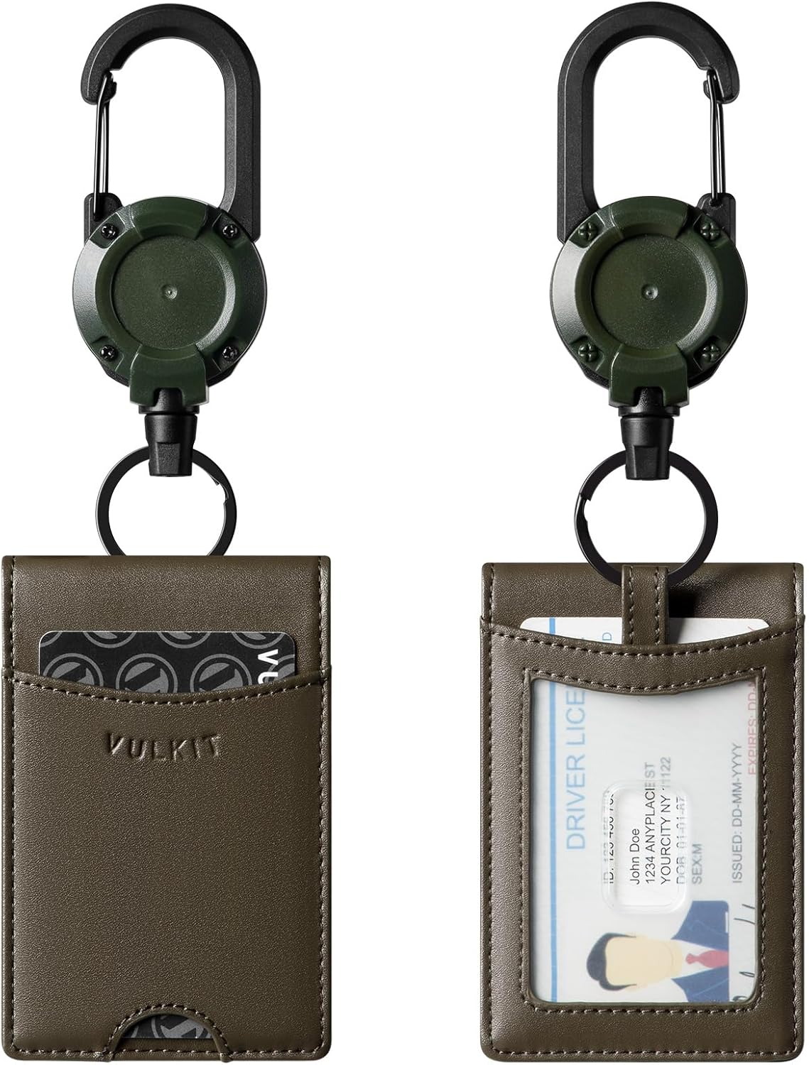 VULKIT Badge Holder Retractable Clip, Leather Bifold Double ID Card Holder, Retractable Keychain Carabiner, Holds 5 Cards, Keys Khaki