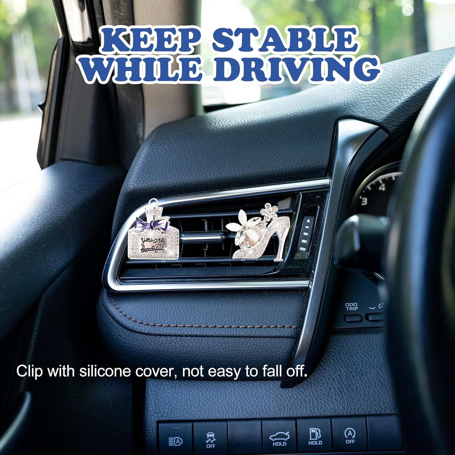 Rislobx 4PCS Bling Car Air Freshener Vent Clip, Crystal Diamond High Heel Shoe Bag Crown Perfume Bottle Car Diffuser Vent Clip Cute Car Bling Accessories Decoration for Women (Silver) - Silver image number 4