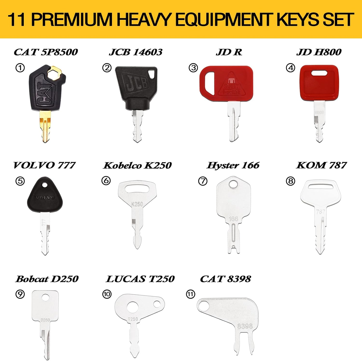 11 Heavy Equipment Keys Set, Construction Master Machine Keys Set for Cat, JD, Case, Komatsu, Hyster, Kubota, JCB, Bobcat, Daewoo, JLG, Toyota, Master Ignition Key for Workers and Opeartors