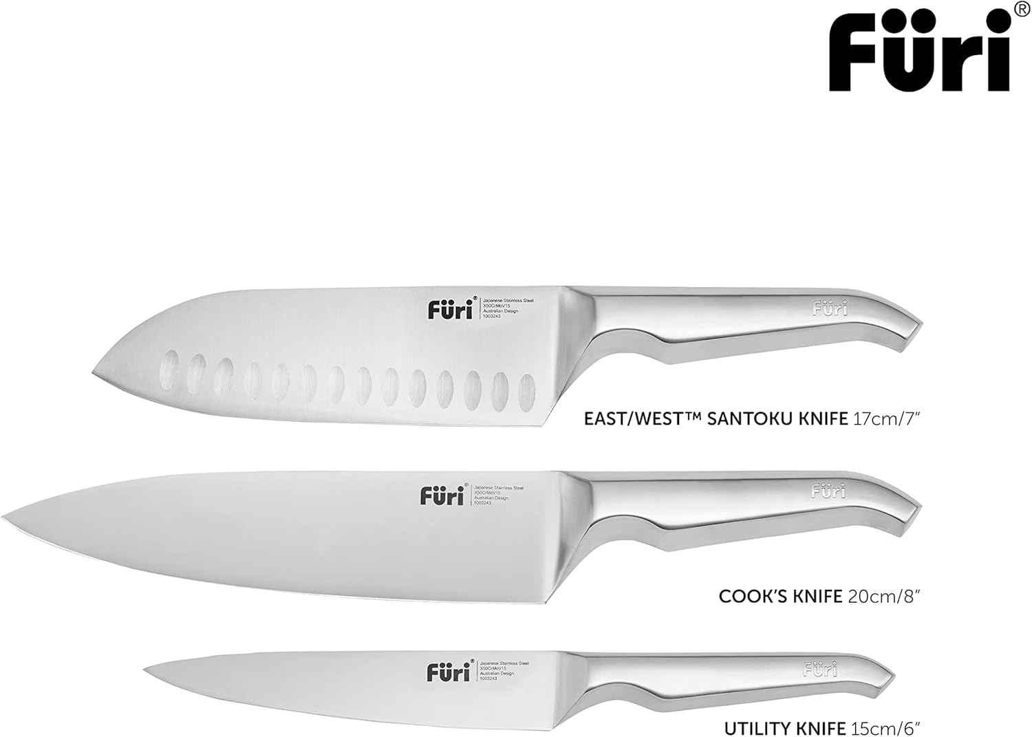 Furi Pro Acacia Knife Set 3 Pc, Beautiful Acacia Wood Gift Box with Three Premium Knives for a Superior Cutting Performance, Stainless Steel Blades, Ergonomic Reverse-Wedge, Anti-Fatigue Handle image number 5