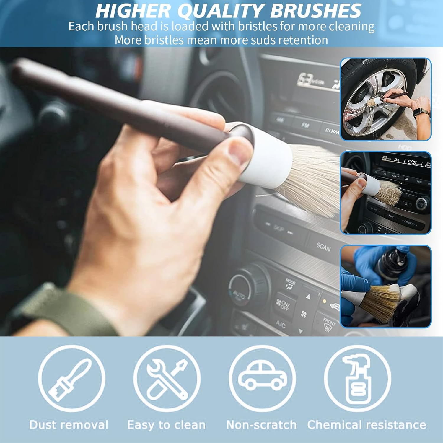 5 PCS Car Detailing Brush Set &ndash; Boar Hair Detailing Brushes for Wheels, Dashboard, Engine Bay, Air Vents, Grilles & Trim &ndash; Soft & Durable Auto Cleaning Brushes for Cars, Trucks & Motorcycle (White) image number 6