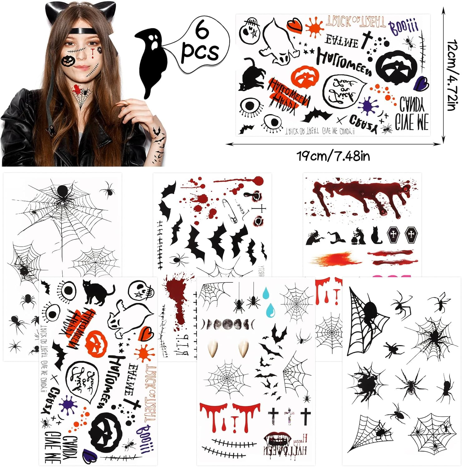 DERAYEE Halloween Face Tattoo, 6 Sheets Temporary Spider Tattoo, Face Tattoo, Women Men Children Body Face Tattoos for Halloween Carnival Party Decoration Cos Makeup image number 6