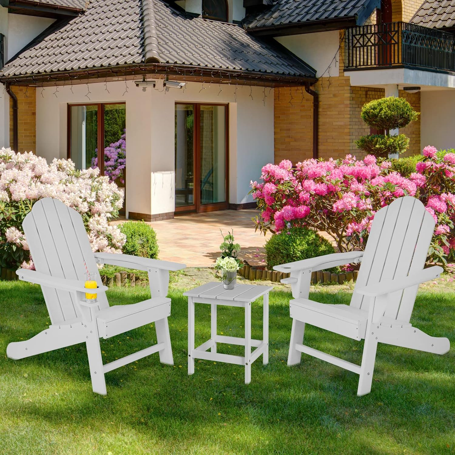 Costway Adirondack Chair with Cup Holder, Outdoor Patio Weather Resistant Adirondack Chair, Fire Pit Chair for Porch, Garden, Poolside and Beach (White) - Navy Blue image number 5