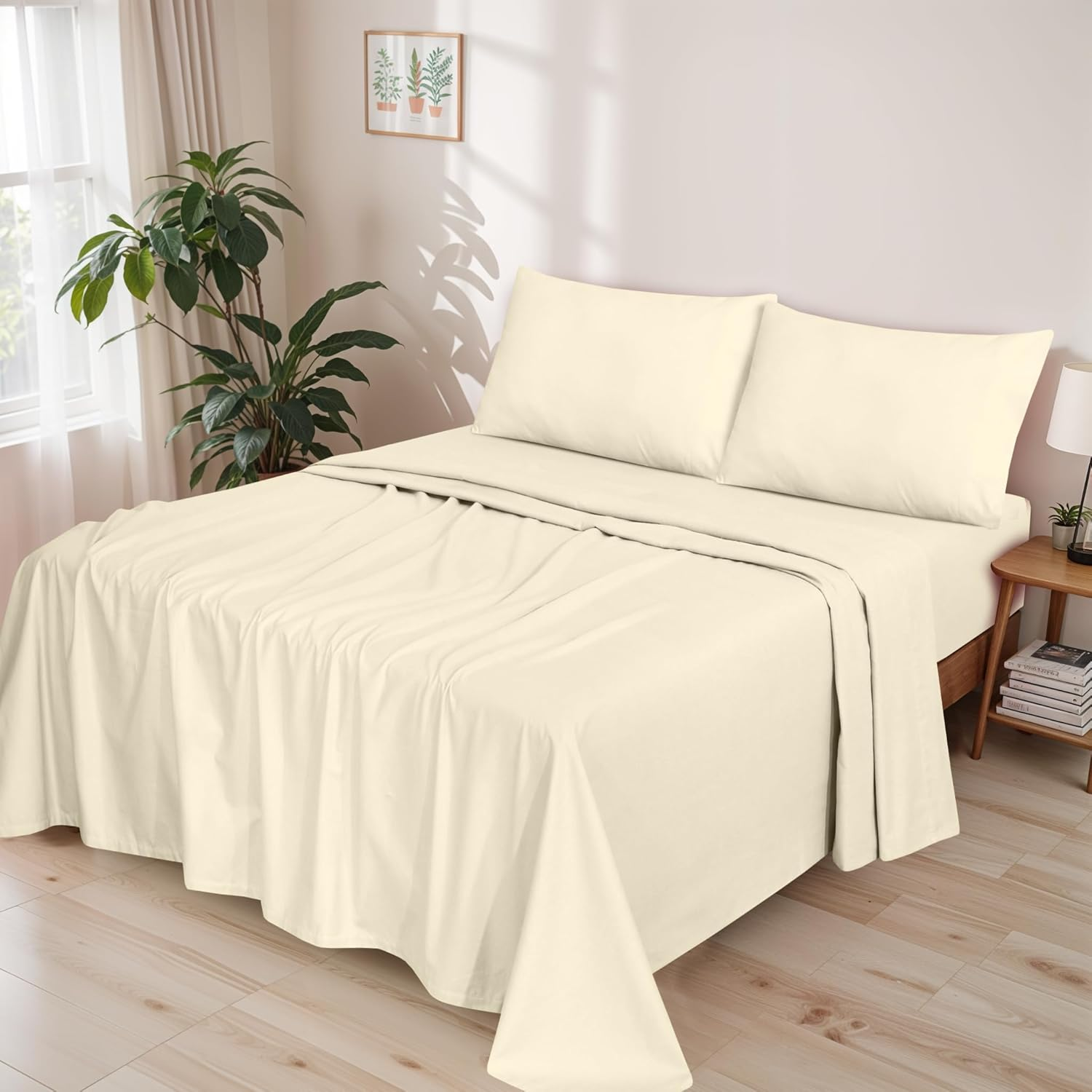 RUVANTI Organic Flannel Sheets Full Size - 100% Cotton Double Brushed Bed Sheet Set - Deep Pocket 16 Inches - All Seasons Breathable, Extra Soft, Warm & Cozy - 4 Pieces - Winter White