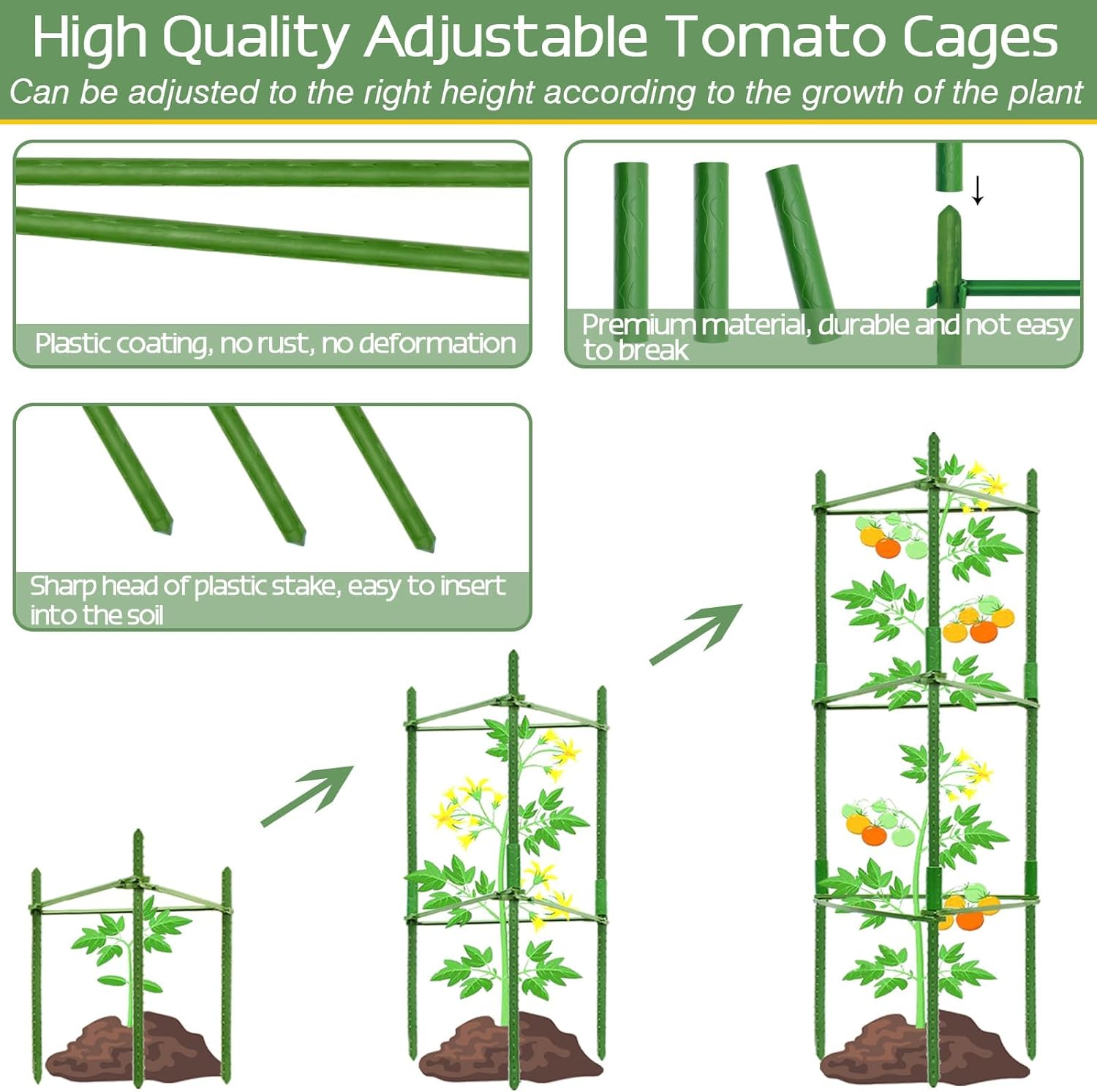 LTZEMOO 6 Pack Tomato Cages for Garden,Up to 48In(4Ft) Adjustable Tomato Cage,Garden Stakes Tomatos Trellis for Pots,Tomatos Plant Support for Raised Gardens Bed &Climbing Vegetables Flowers(Green) image number 4