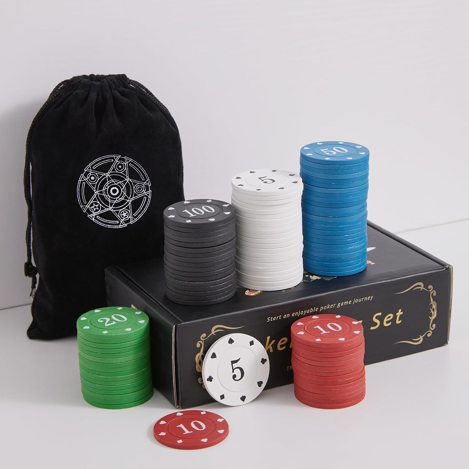 Poker Chips,Denomination Poker Chips Set with Black Velvet Pouch Bag,Plastic Learning Counters Disks and Learning Math Counting Chips,Game Night Party Supplies(100Pcs) image number 3
