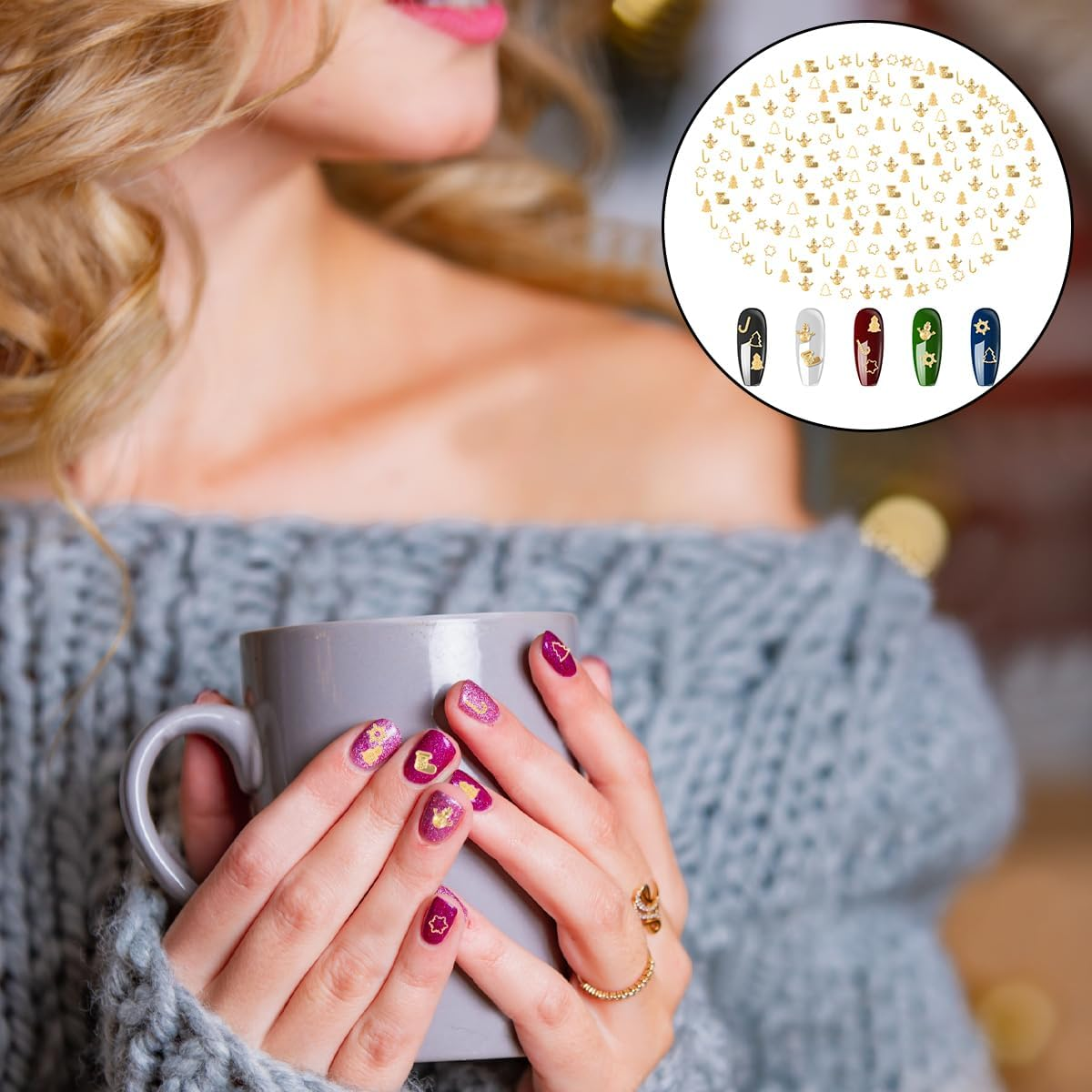 Christmas Nail Charms, 300 PCS 3D Gold Snowflake Xmas Tree Star Christmas Nail Jewelry Charms for Home DIY Art Craft (6 Style) image number 2