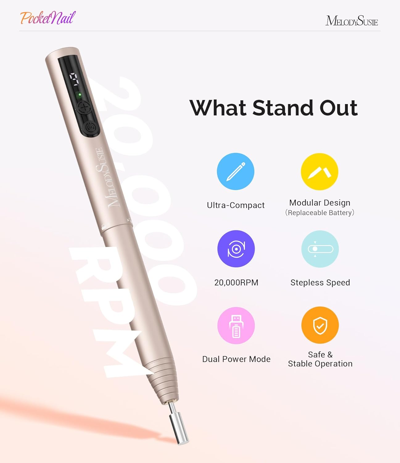 Melodysusie Wireless Nail Cutter, Electric Nail File Cutter for Gel Nails, Acrylic Nails, PC100GR Nail Drill 20000 Rpm, Adjustable Speed, Manicure Pedicure Set (Gold) image number 1