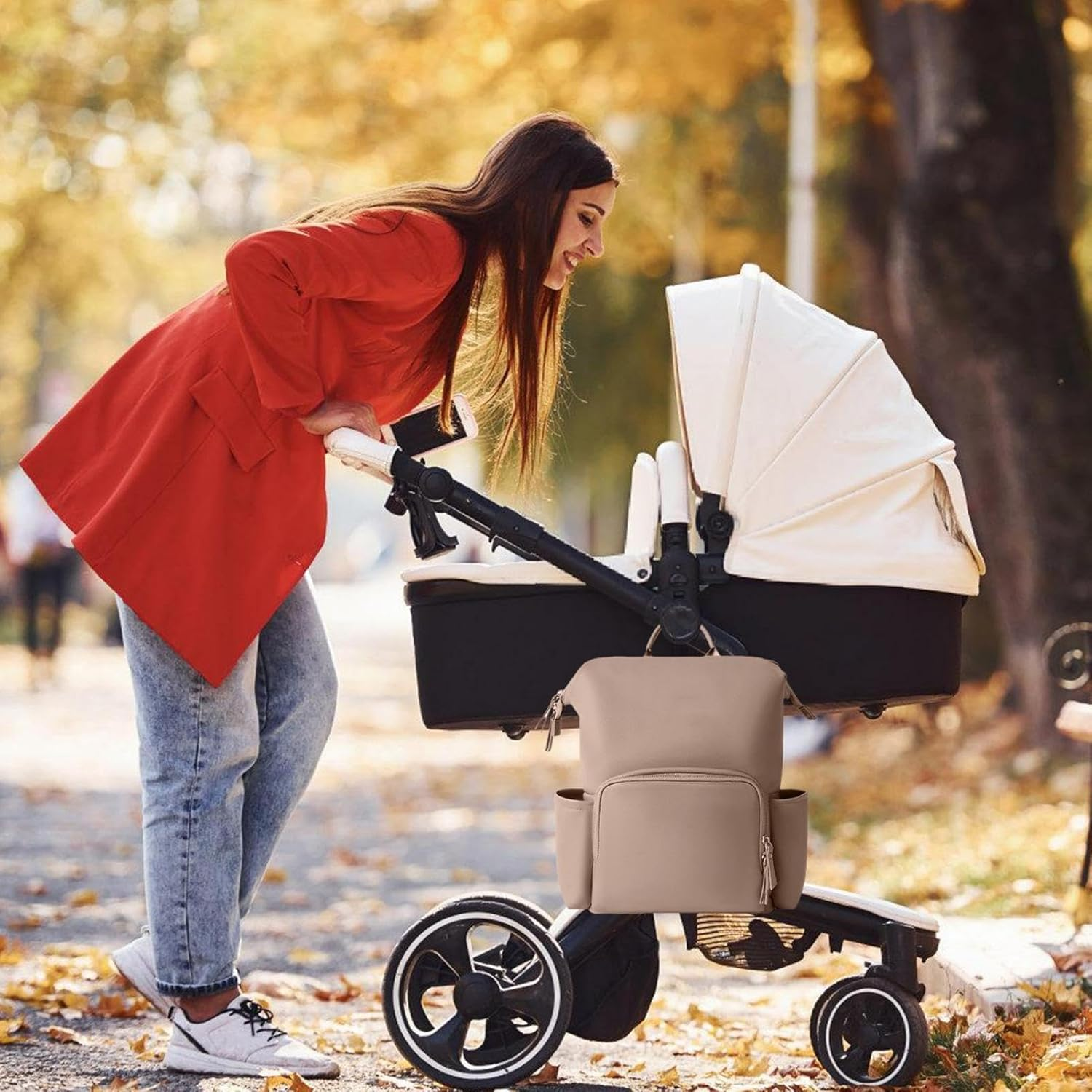 Diaper Bag Leather, Toddler Bags, Water-Resistant Travel Toddler Diaper Backpack Fashion PU Leather Mommy Daypack for Unisex (Khaki)