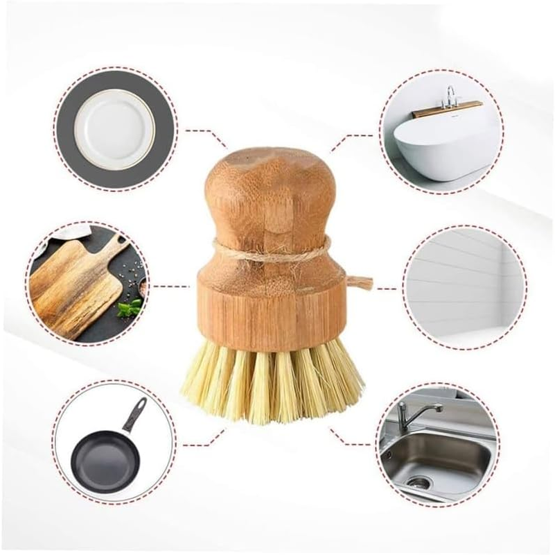 2-Pack Natural Bamboo Palm Pot Brush &ndash; Durable Union & Tampico Fiber Scrubber for Pots, Pans & Vegetables, Eco-Friendly Dish Cleaning Kit image number 2