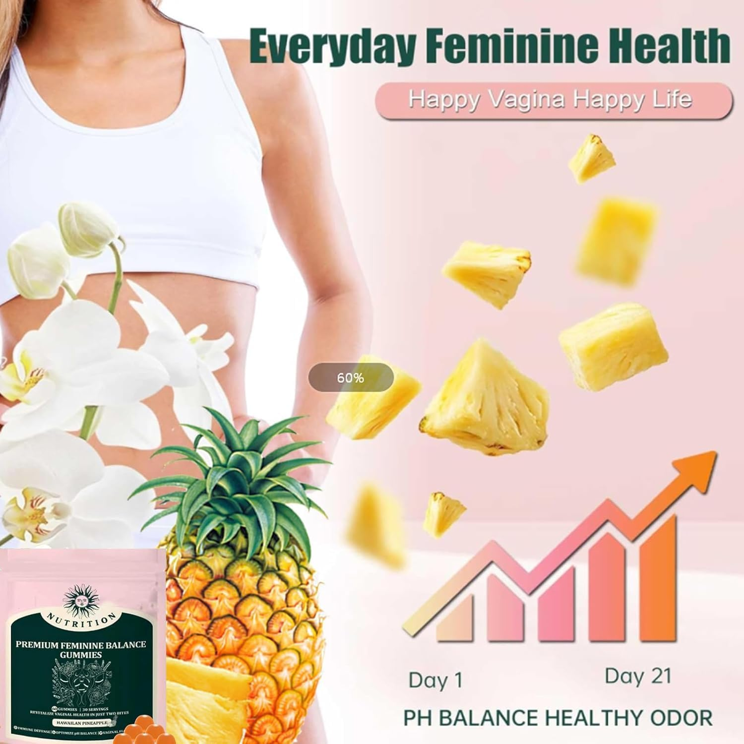 Feminine Balance Gummies,Premium Feminine Balance,Improve Immune,Promotion of Women'S Health,Vegan,Hawaiian Pineapple Flavor - 60 Gummies - 30 Servings