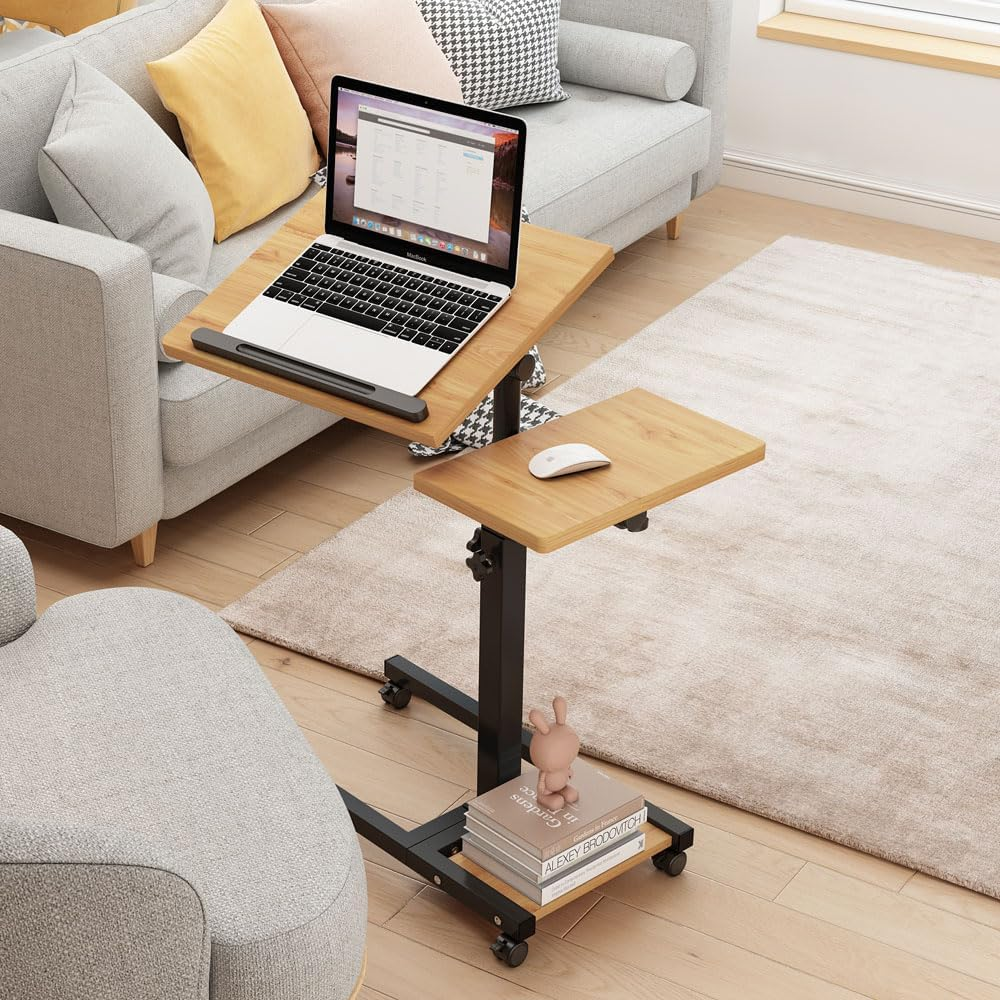 Laptop Desk Laptop Stand for Bed Portable Desk Overbed Bedside Table Mobile Rolling Foldable Table Adjustable Height with Locked Wheels & Mouse Pad for Bed Office Sofa - Natural Color image number 4
