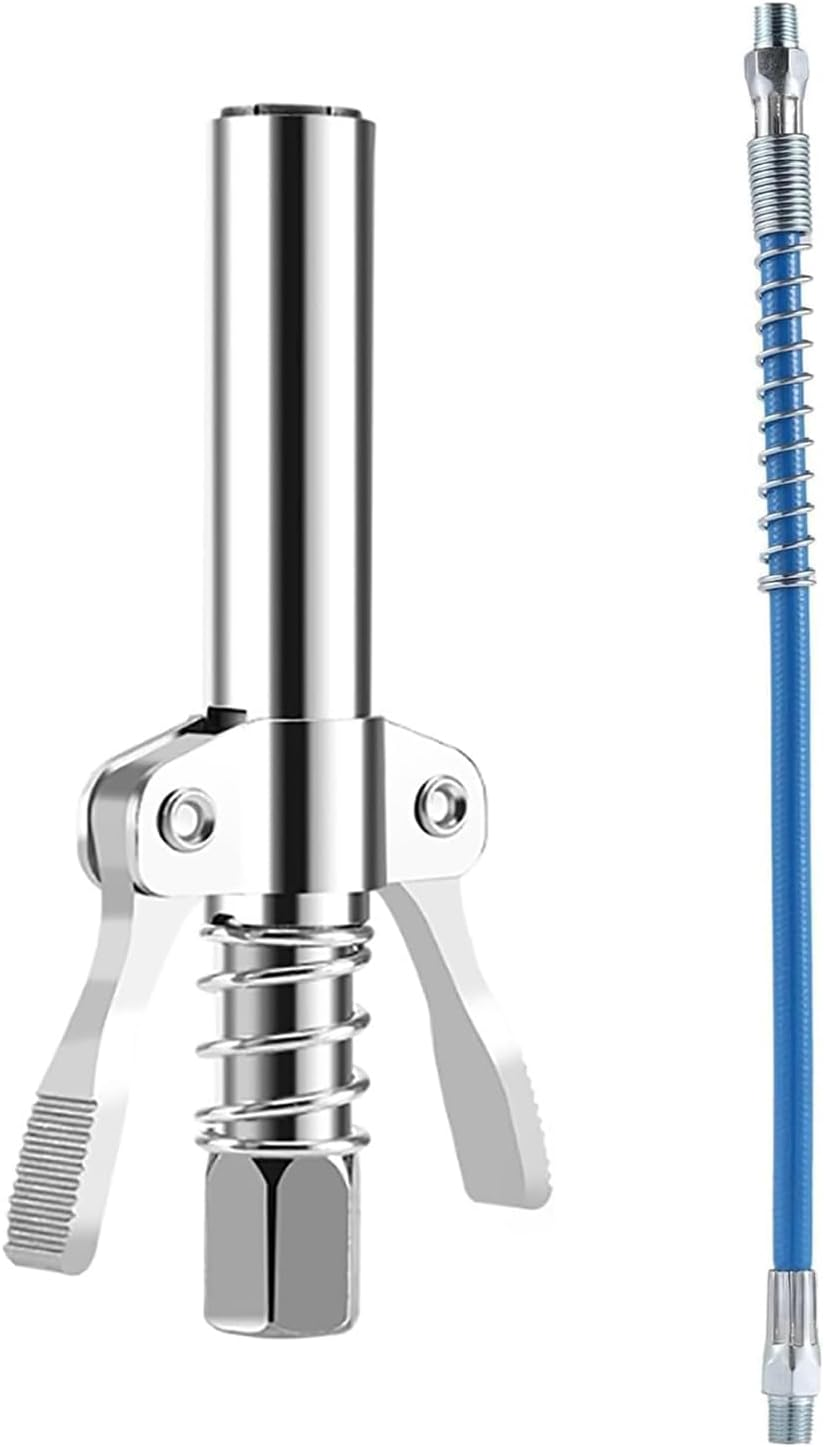 YUENTOEN Grease Gun Coupler with 15.7In Spring Flex Hose, Double Handle Extended Version Heavy Duty Grease Fitting 1/8" NPT 17,000 PSI image number 1