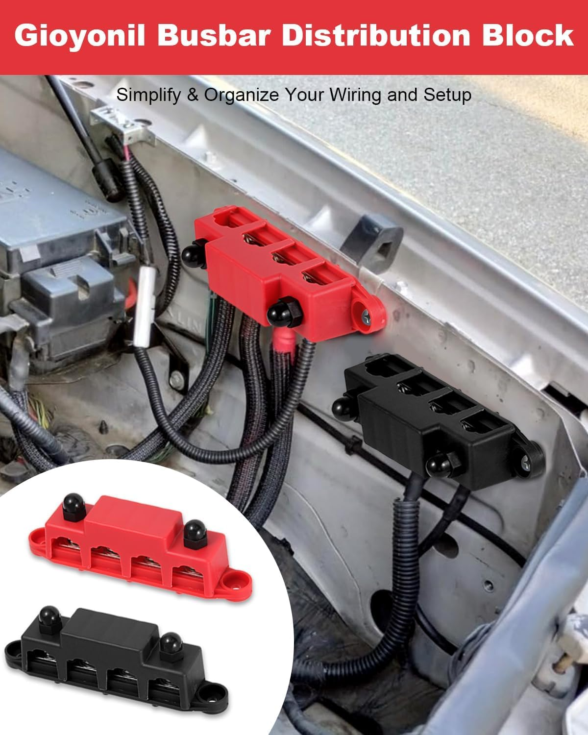 Bus Bar 12V Power Distribution Block 250A Bus Bar with 4 X 5/16" (8M) Studs Marine Battery Busbars Terminal Ground Distribution Block with Cover for Automotive, Boat, Car, Solar Wiring (Pair) image number 4
