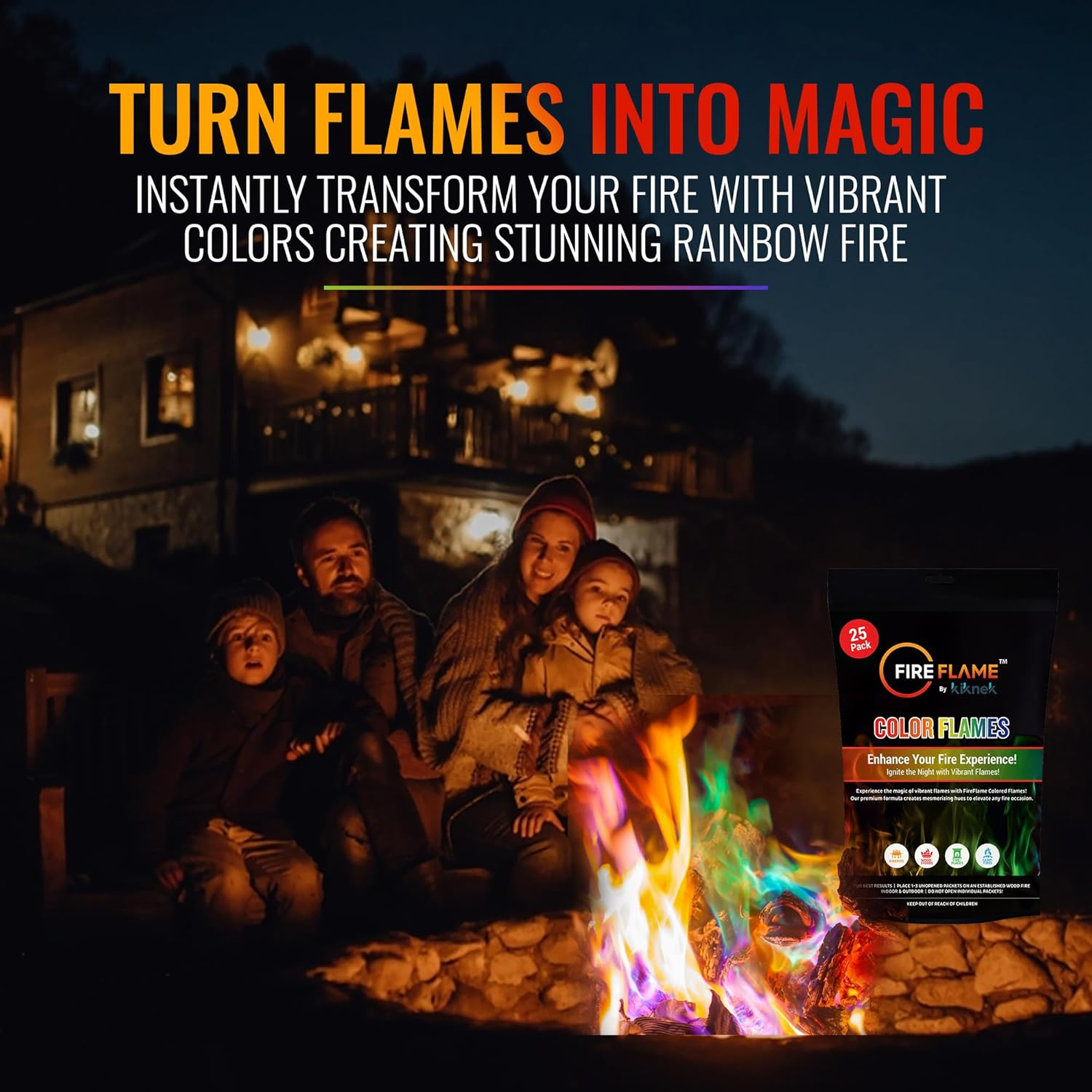 Fireflame Fire Color Changing Packets - Magic Color Fire Flames - 25 Pack of Fire Color Packets - for Outdoor Fire Pit, Fireplace, Bonfire, Campfire, Camping Accessories Colored Fire for Kids & Adults