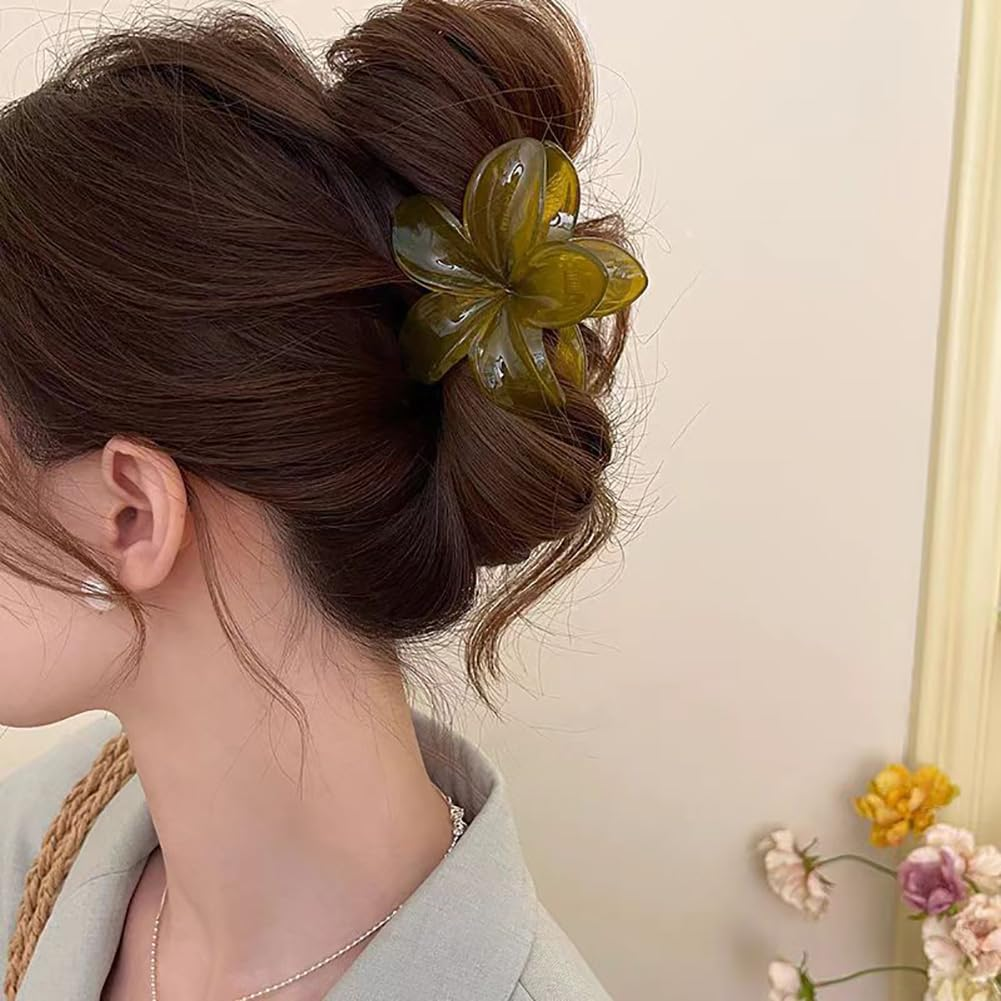 Rockreyoa Hawaiian Plumeria Flower Claw Clips, Pack of 2, Leopard Plumeria Flowers Hair Clips, Flower Hair Accessories for Women, Hawaiian Claw Clip, Non-Slip Hair Clip, Strong Hold, Fruit Green image number 2