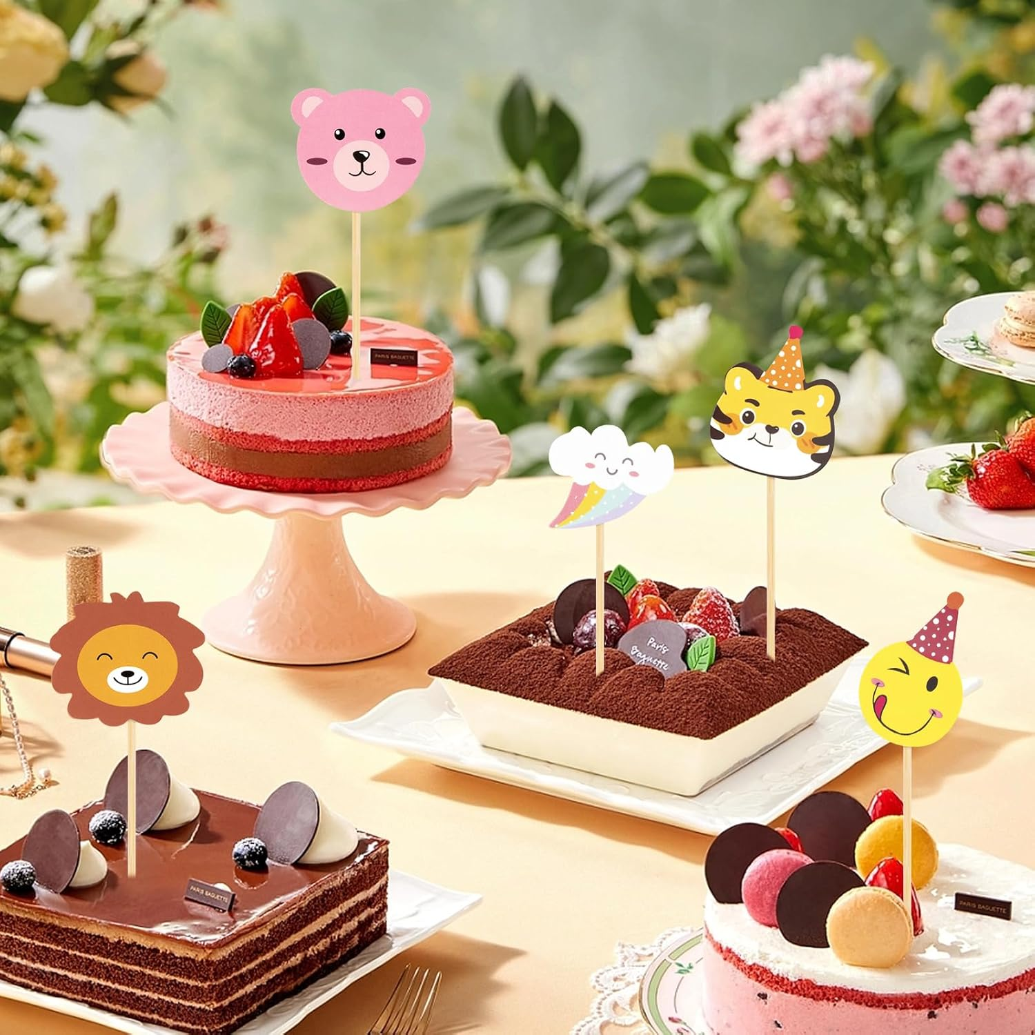 Hannafires 100PCS Colorful Cake & Cocktail Toppers &ndash; Smiley Face Party Picks with Bear Candles, Cloud Hats & Mini Decorations for Birthday Cakes & Dessert Tables image number 5