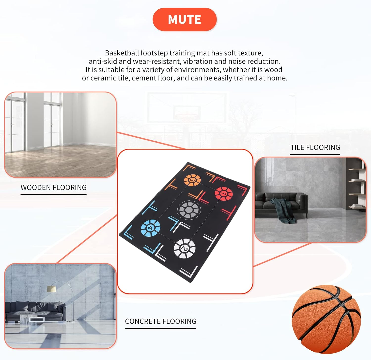 Basketball Footstep Training Mat, Non-Slip Shock Absorbing Silent Basketball Dribble Trainer, Point Reminder 2Mm Basketball Practice Equipment for Children below 150Cm Ball Control image number 2