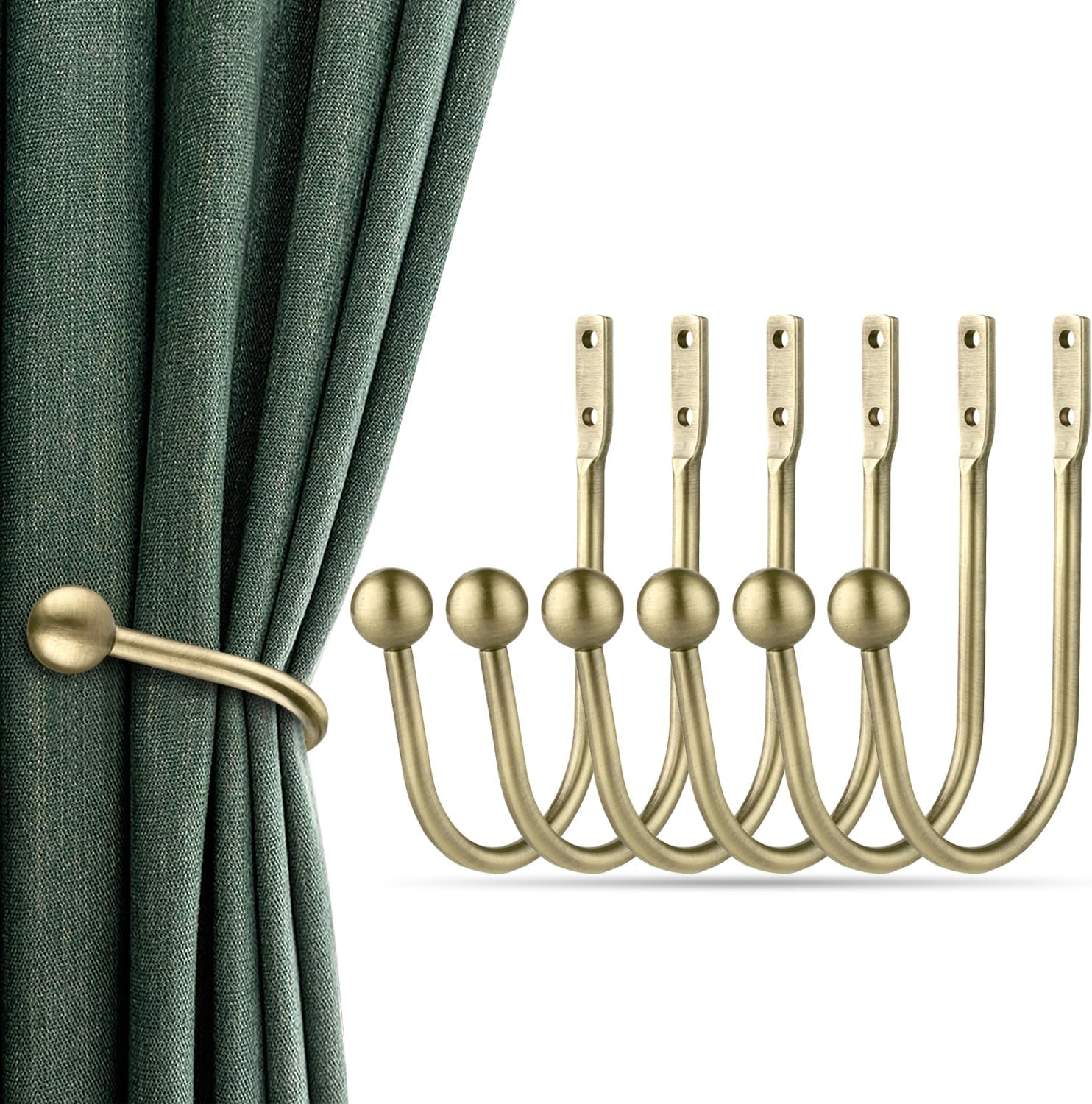 Curtain Holdbacks, 2Pcs Curtains Holder Wall Mounted Drapery Tiebacks Retro Window Hook for Home Decor, Antique Brass - 6Pcs-Antique Brass