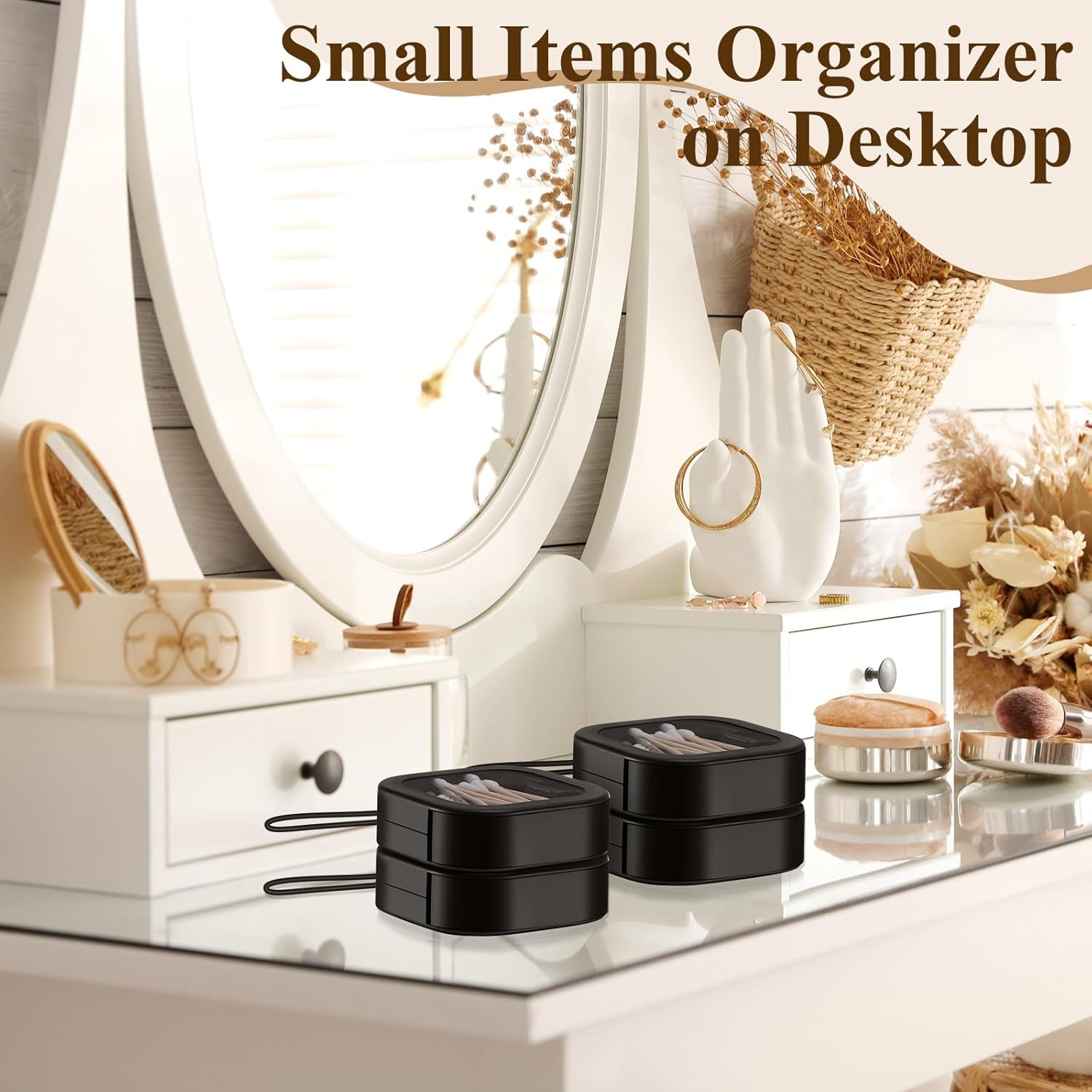 Kathfly 4 Pcs Black Hair Tie Organizer Portable Hair Accessory Storage Containers Stackable Tie Bobby Pin Holder Home Cotton Swab Dispenser Accessories Jewelry Organizer Box image number 3