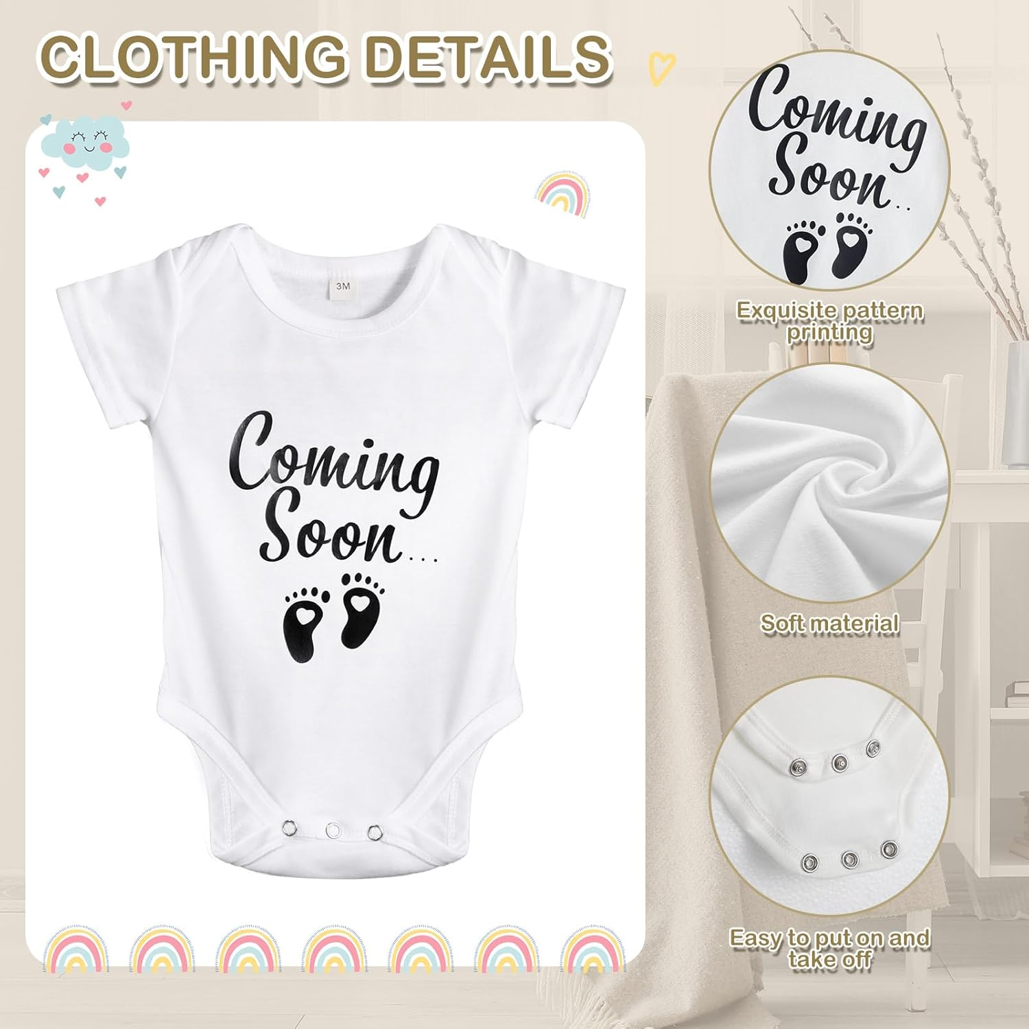 9 Pcs Pregnancy Announcement Set Pregnancy Reveal Ideas Felt Letter Board Baby Bodysuit Baby Booties Photo Frame Bear Plush Baby Wood Blocks for Coming Soon Baby Announcement (White,Bright) image number 2